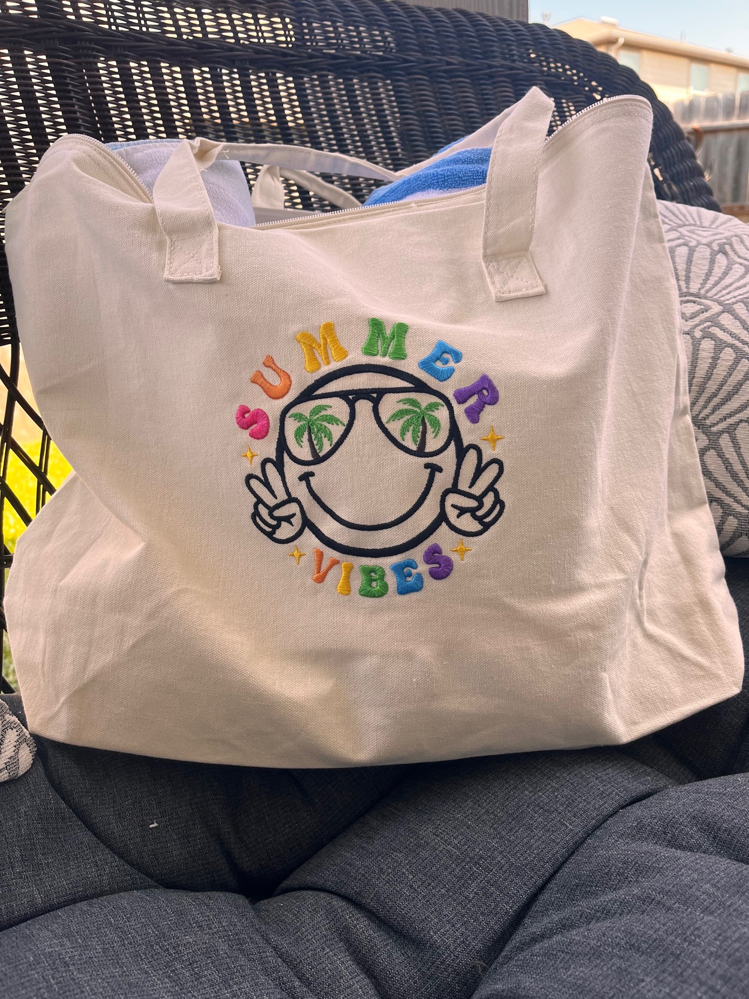 Summer Vibes embroidered Beach Tote Bag