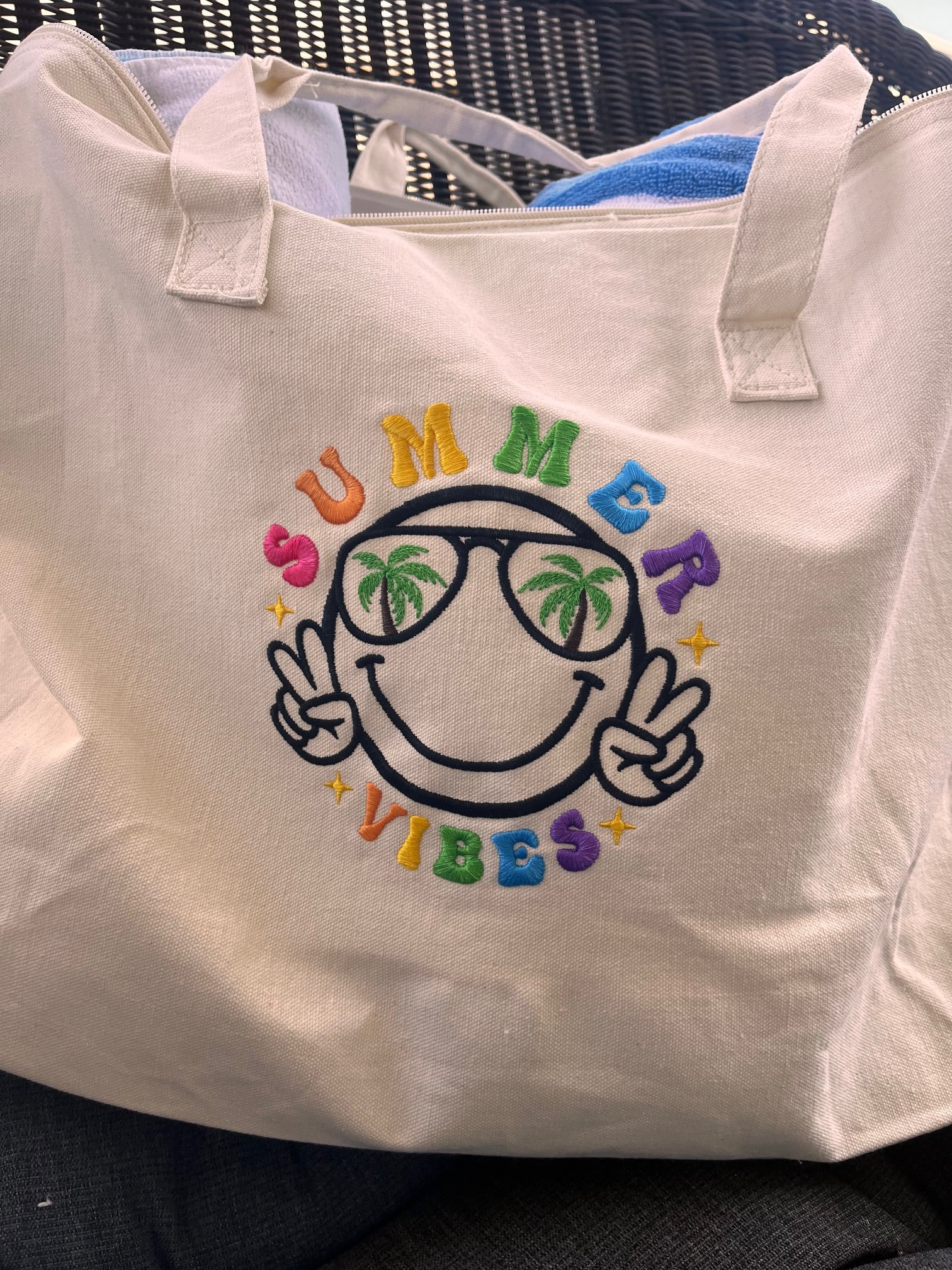 Summer Vibes embroidered Beach Tote Bag
