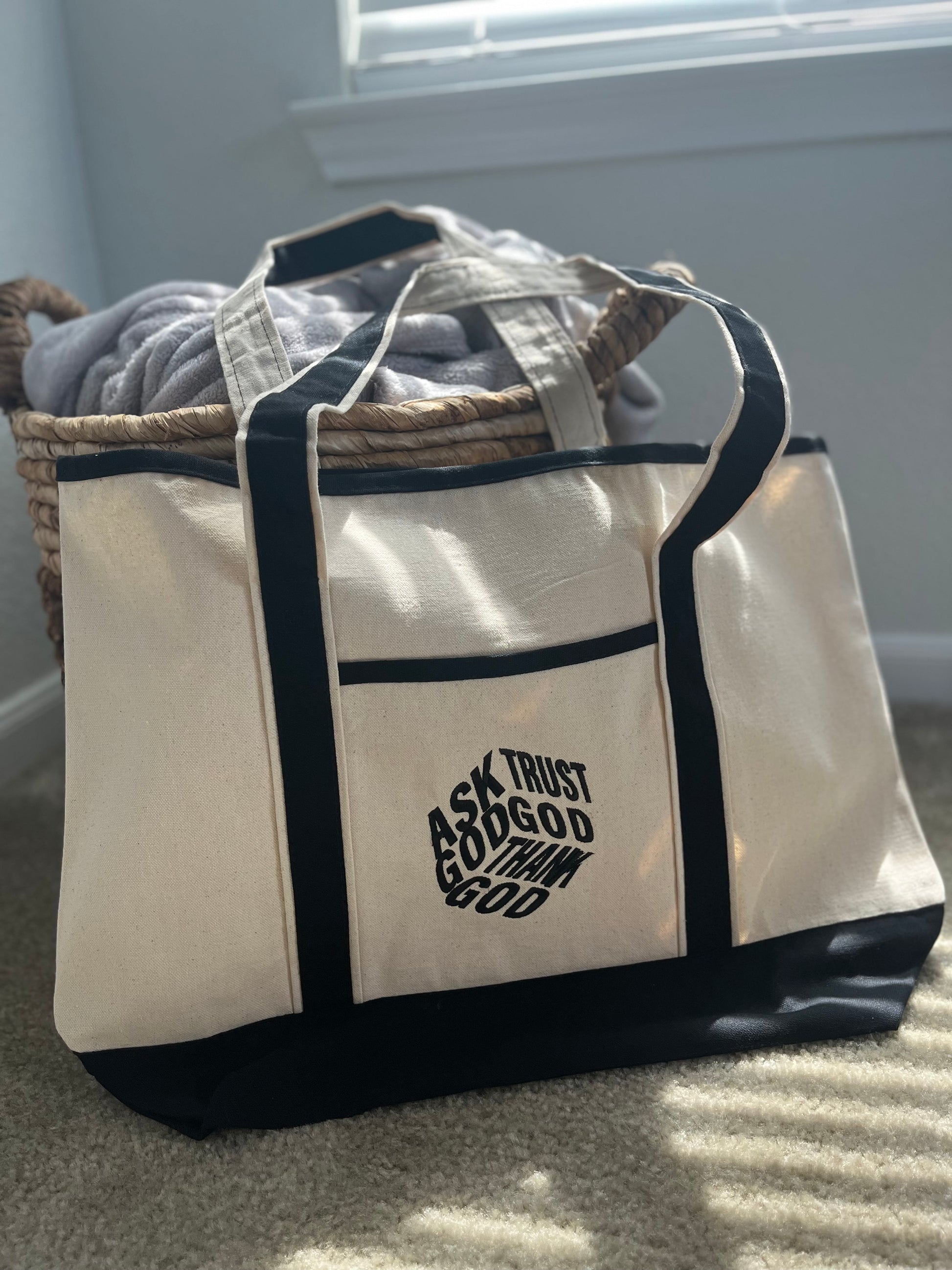 Ask God Trust God Thank God Canvas Tote Bag Faith-Inspired Everyday Carry with Black Accents