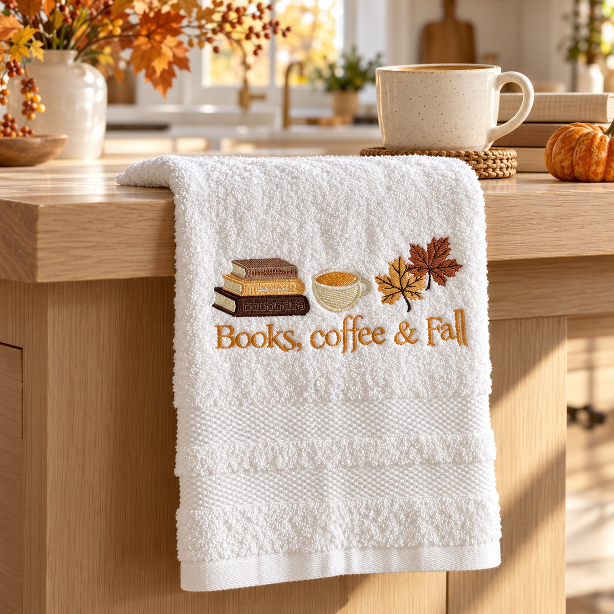 Books, Coffee & Fall Embroidered Hand Towel – 16 × 30