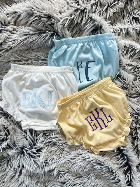 Baby Bloomers Monogrammed Embroidered 4 colors and 3 Monogram Fonts to choose from