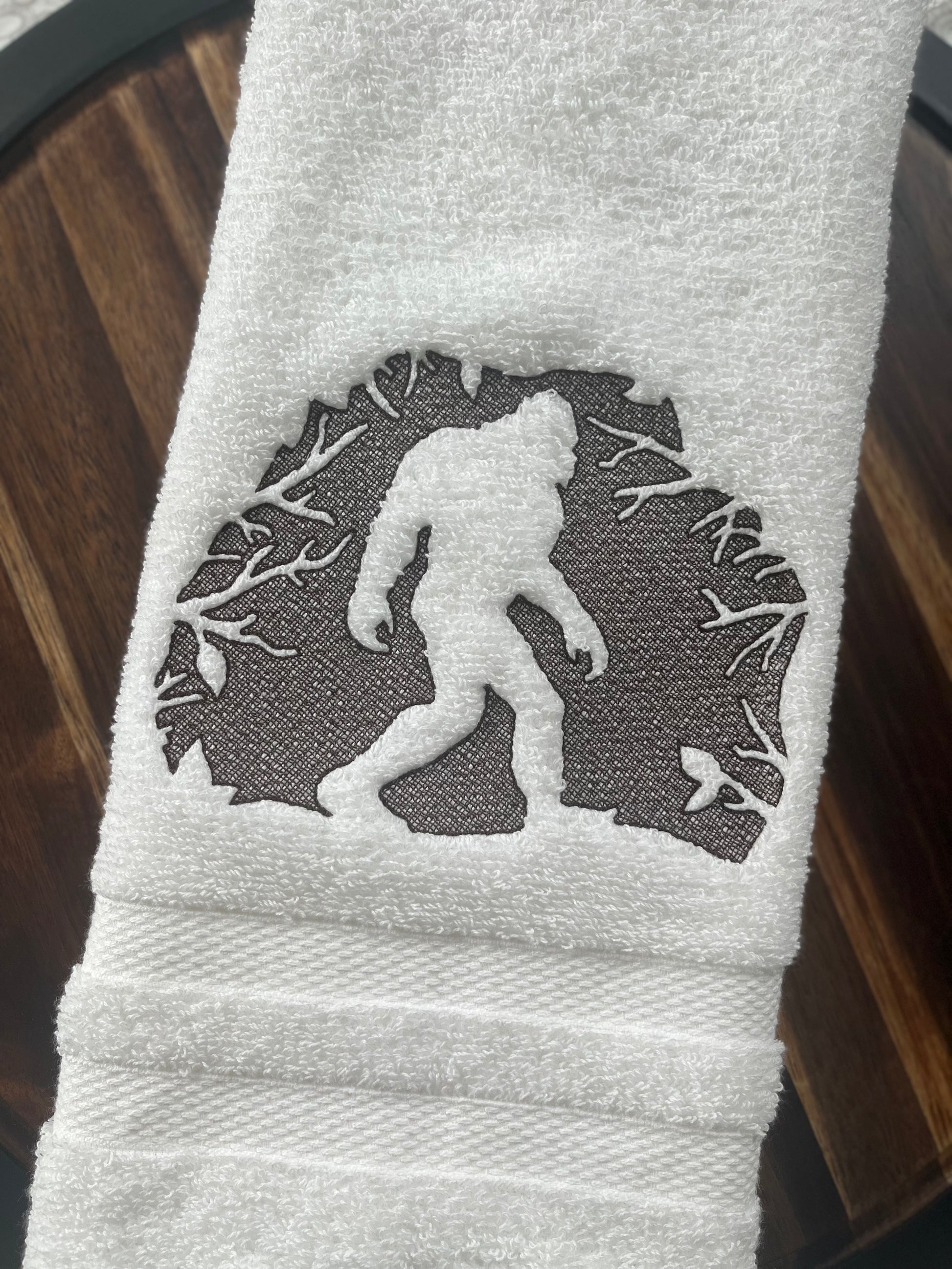 Bigfoot/Sasquatch Bathroom/Kitchen Embossed embroidered hand towels  Grandeur Hospitality Costco Brand towels  16 x 30 inch  Home Decor