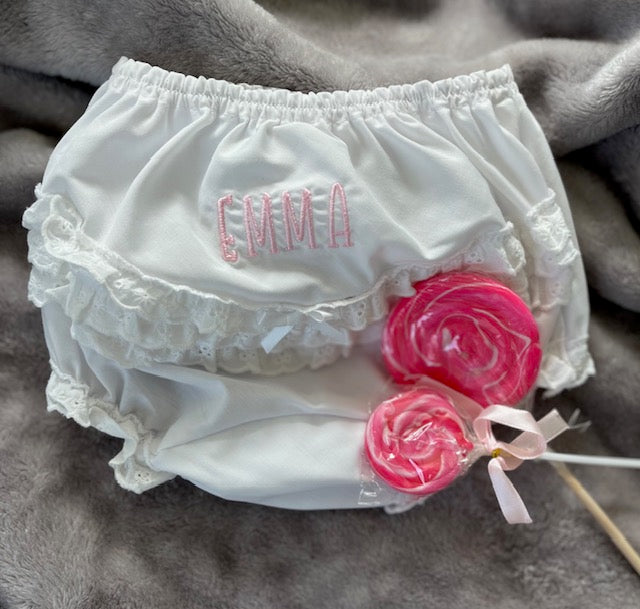 Bloomer Personalized Embroidered white ruffled elastic with embroidered eyelets