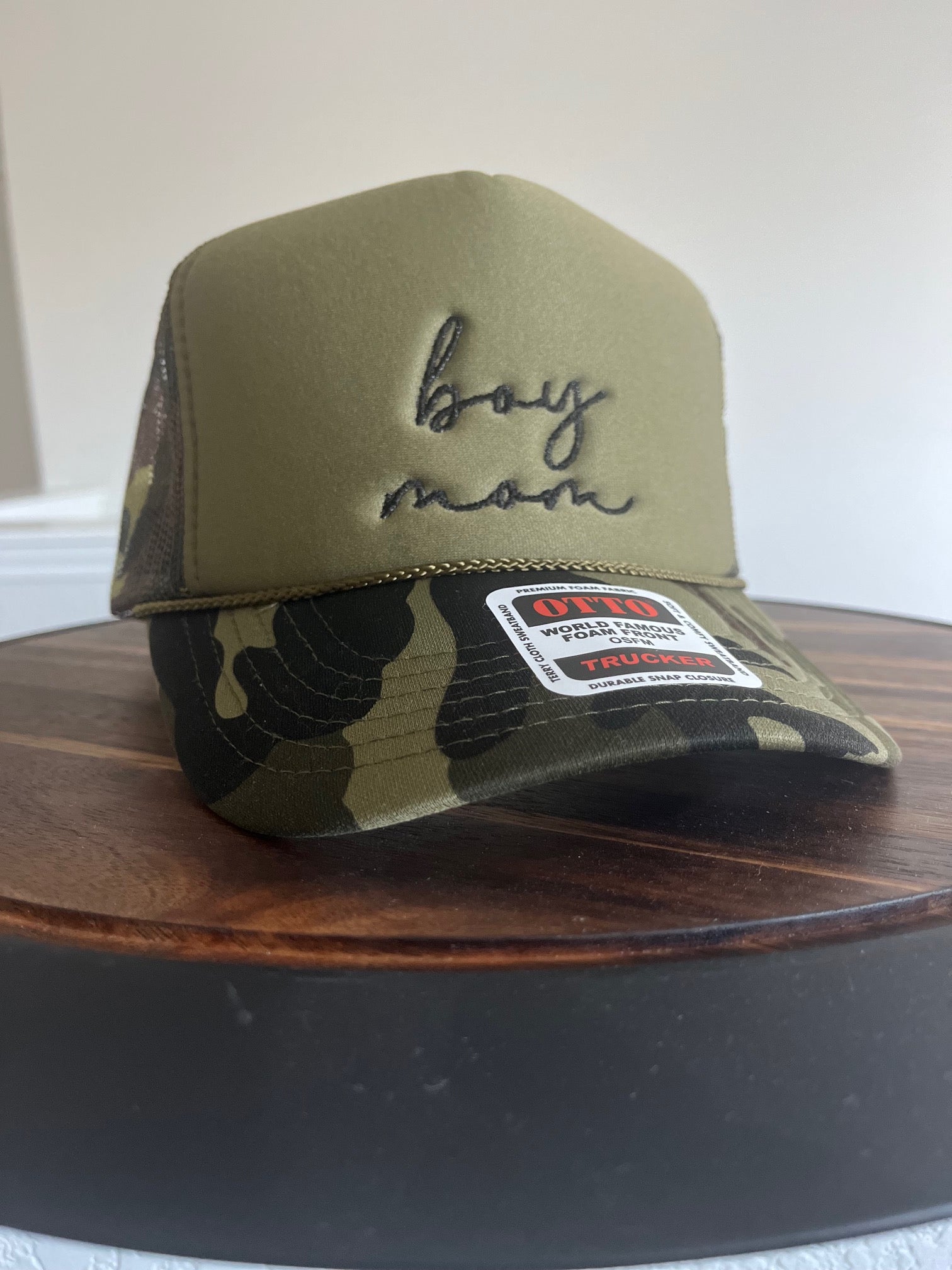 Boy Mom Embroidered Otto foam front trucker hat in camo