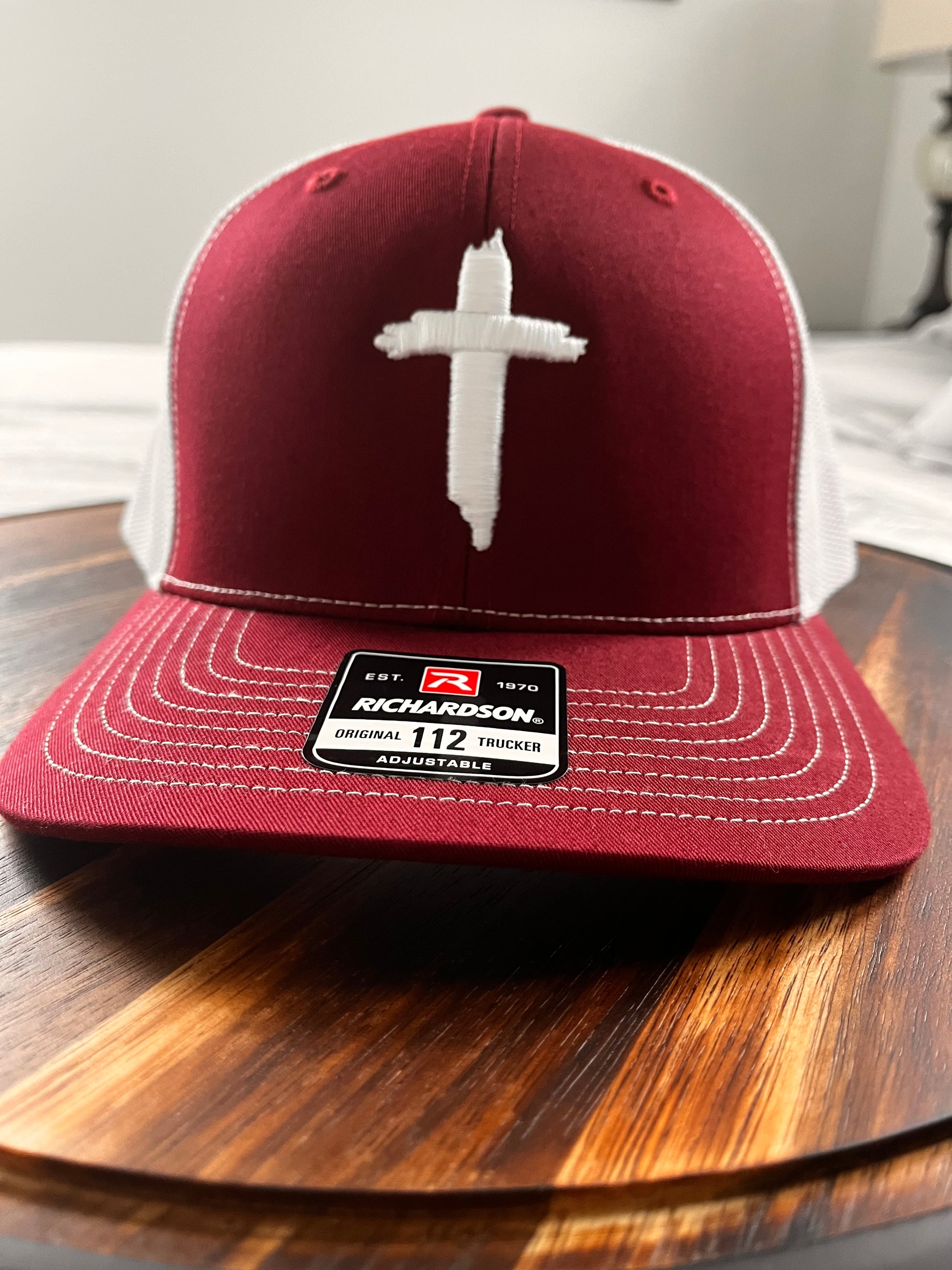 CROSS- Embroidered 3D Puff Richardson 112 Trucker hat- In maroon/white