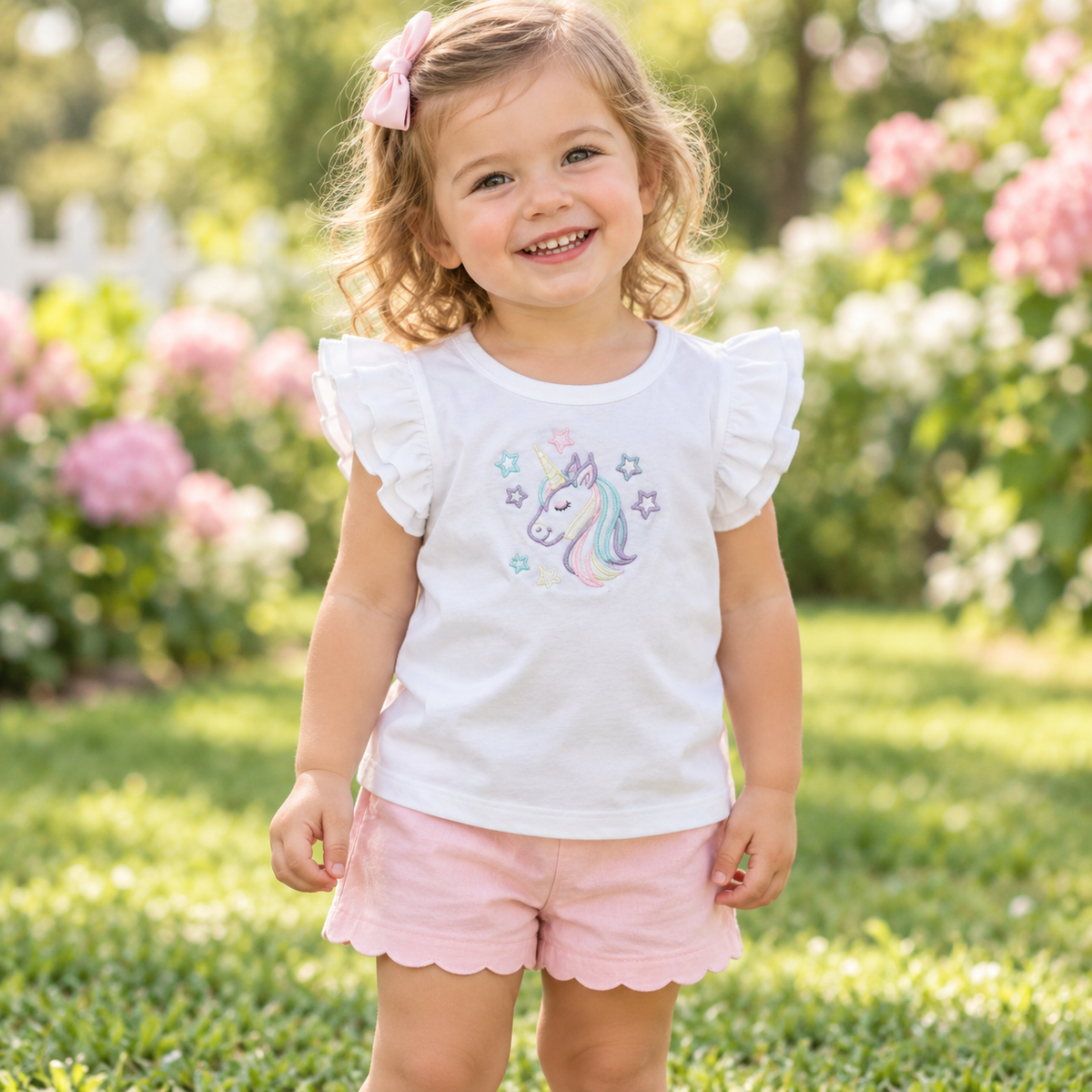 Unicorn Embroidered Girls’ T-Shirt with Ruffle Sleeves – Infant to 6 Years