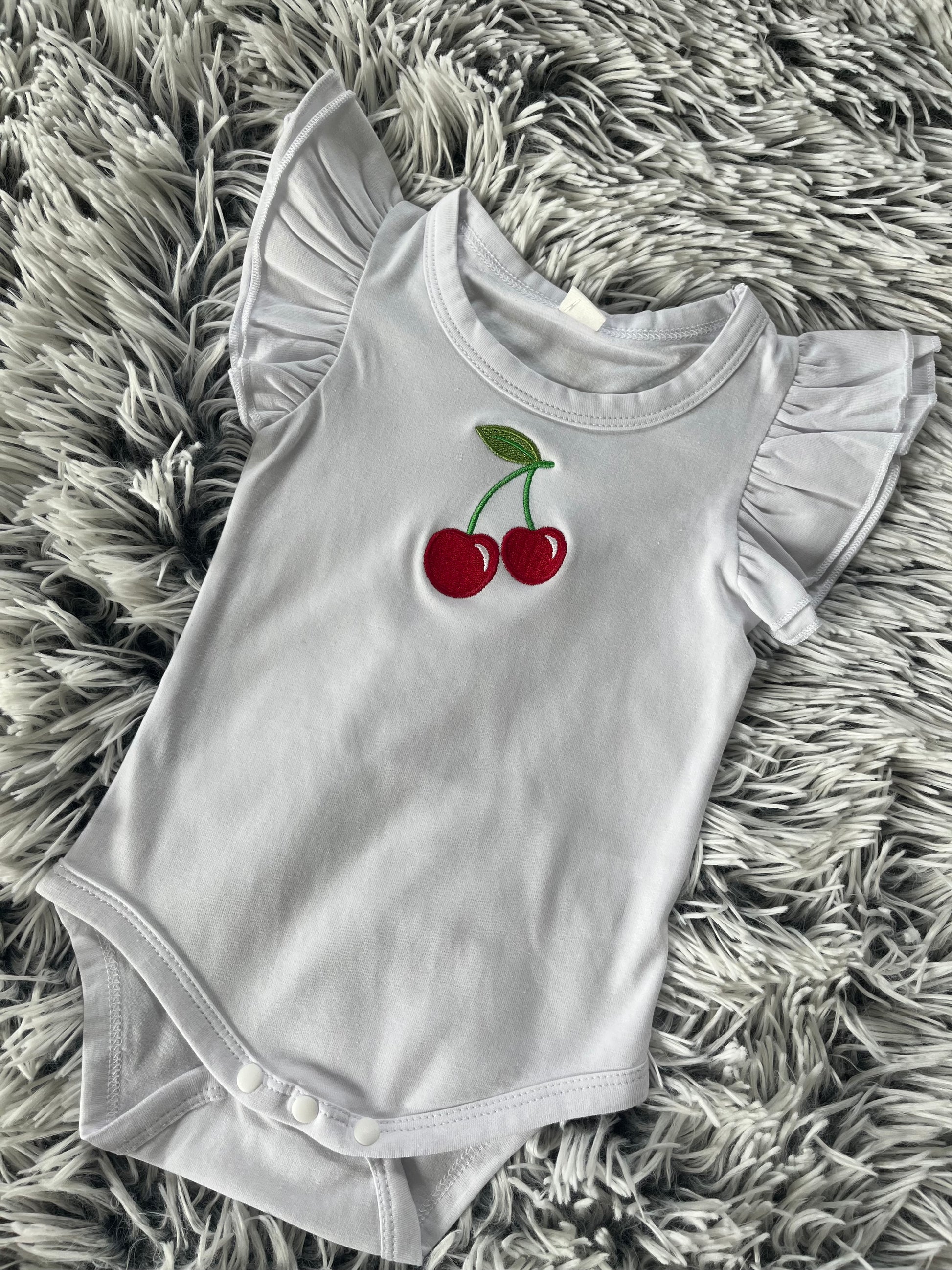 Cherries embroidered Baby Girls Ruffle Sleeves Bodysuit Infant Solid Color Top