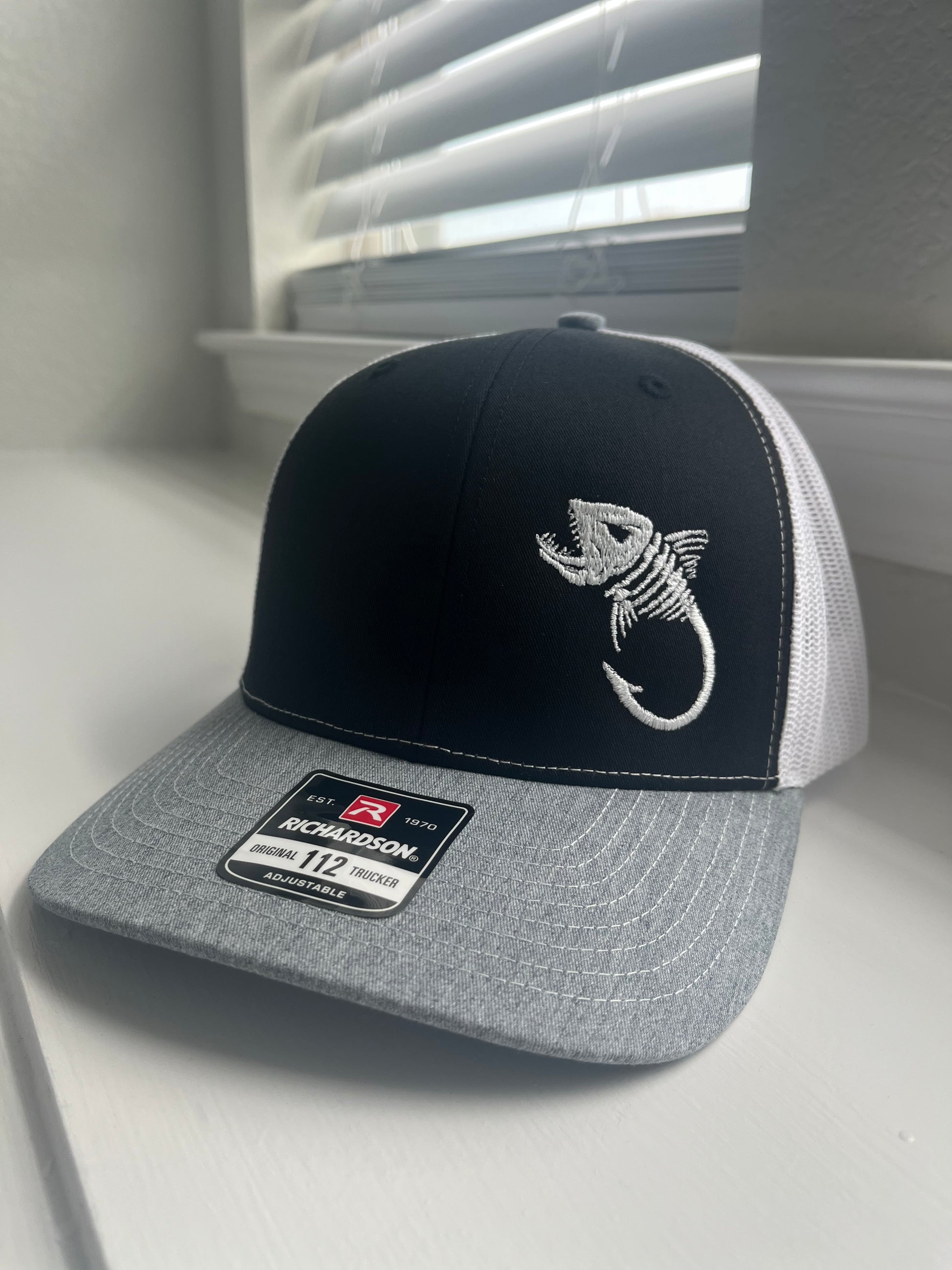 Fish skeleton hook fishing hat embroidered- Richardson 112 Trucker hat 6 panel  Fathers Day Gift  Dad Gift  Man gift Fishing lovers gift
