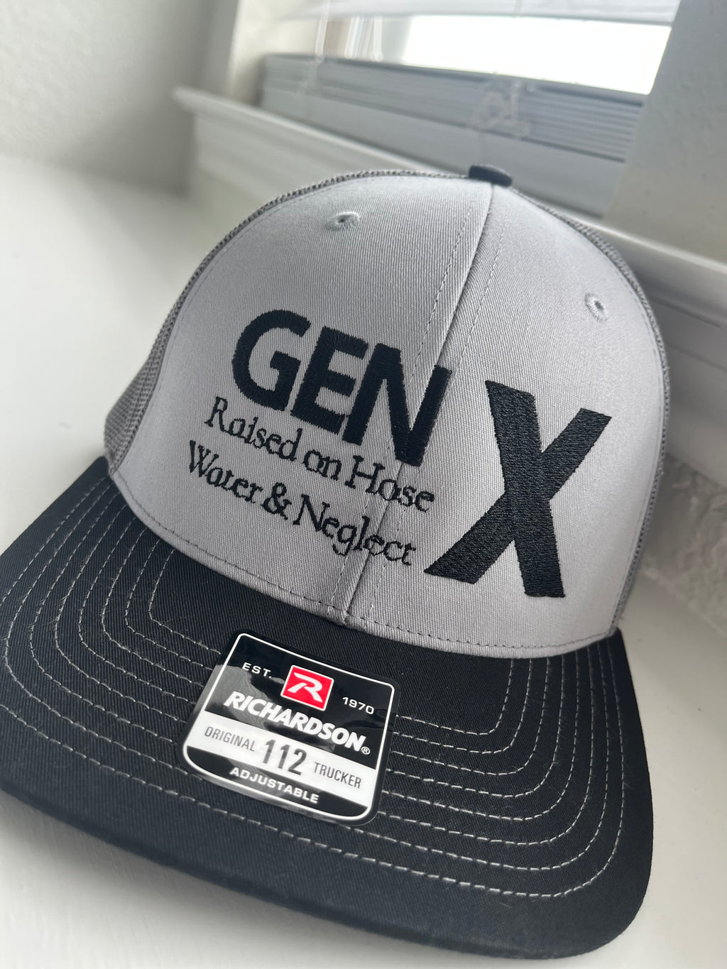 GEN X- Raised on hose water and neglect embroidered hat- Richardson 112 Trucker 6 panel hat-Fathers day gift     Gen X'ers  Birthday gifts