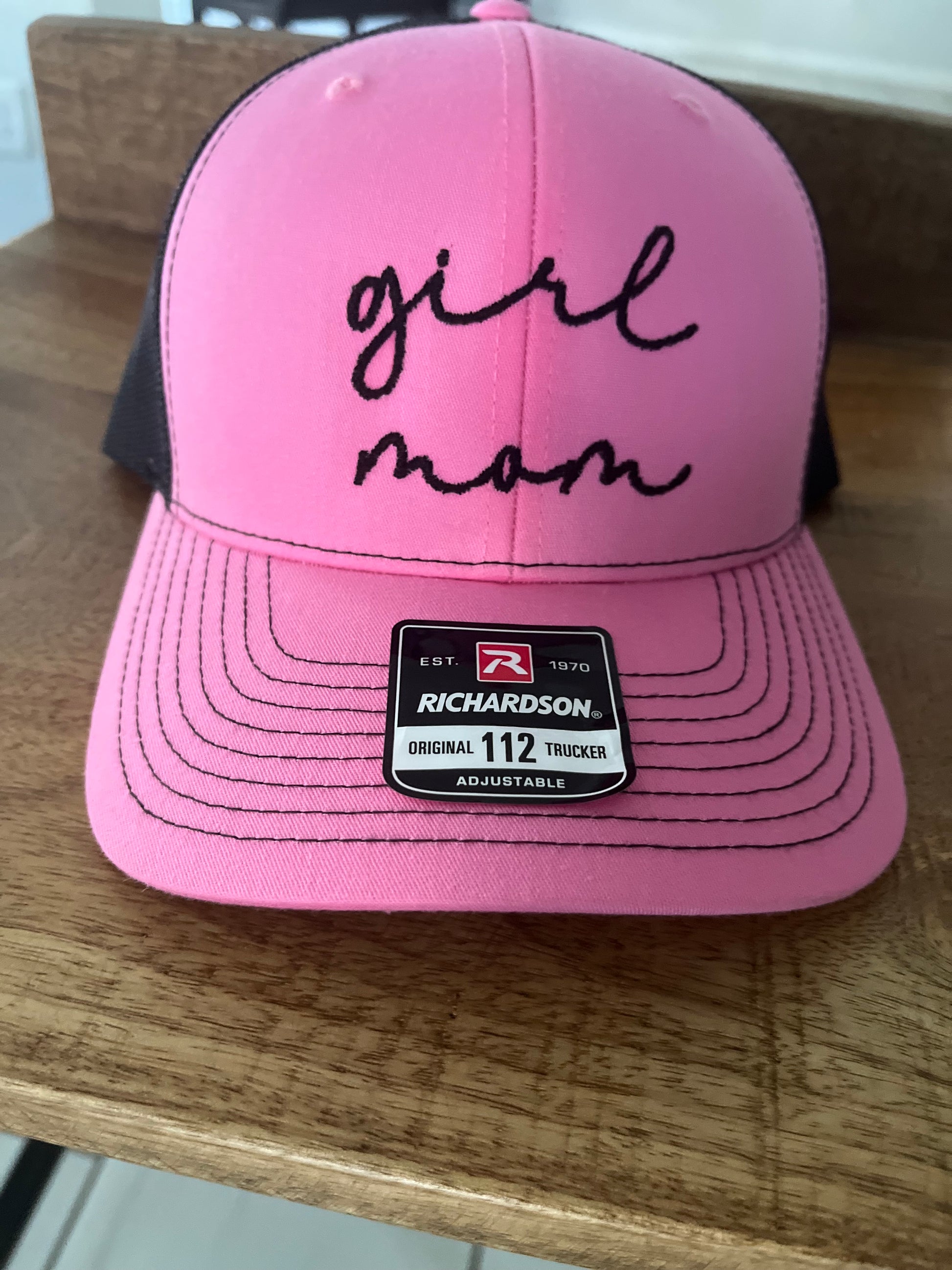 Girl mom Embroidered Richardson 112 Trucker 6 panel Cap in Black and Hot pink