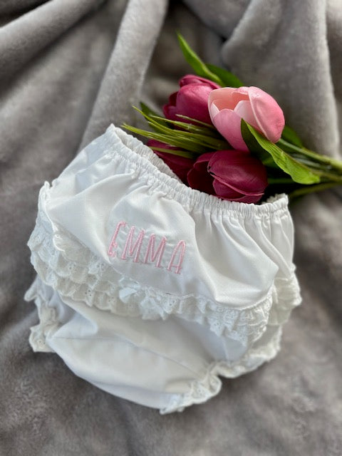 Bloomer Personalized Embroidered white ruffled elastic with embroidered eyelets