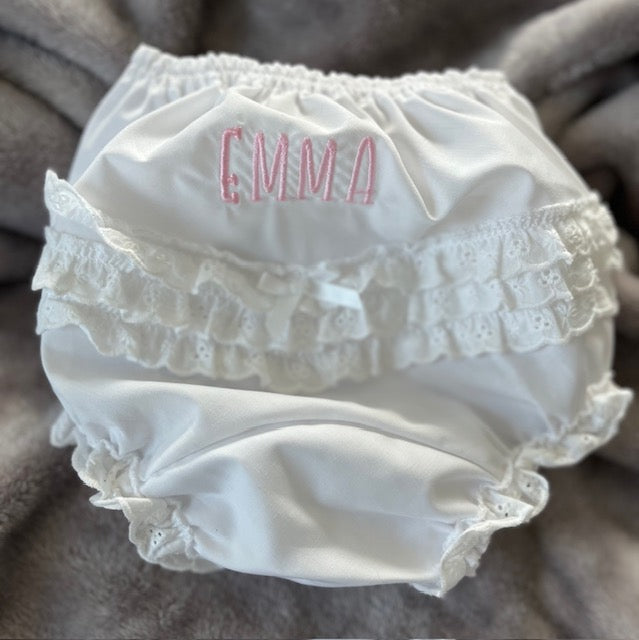 Bloomer Personalized Embroidered white ruffled elastic with embroidered eyelets