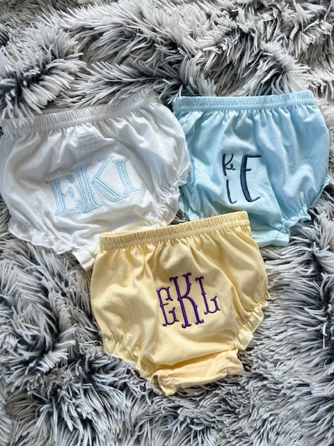 Baby Bloomers Monogrammed Embroidered 4 colors and 3 Monogram Fonts to choose from