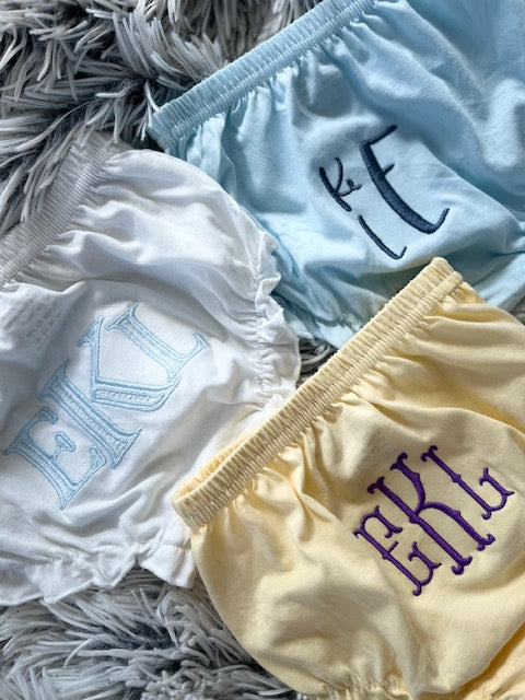 Baby Bloomers Monogrammed Embroidered 4 colors and 3 Monogram Fonts to choose from