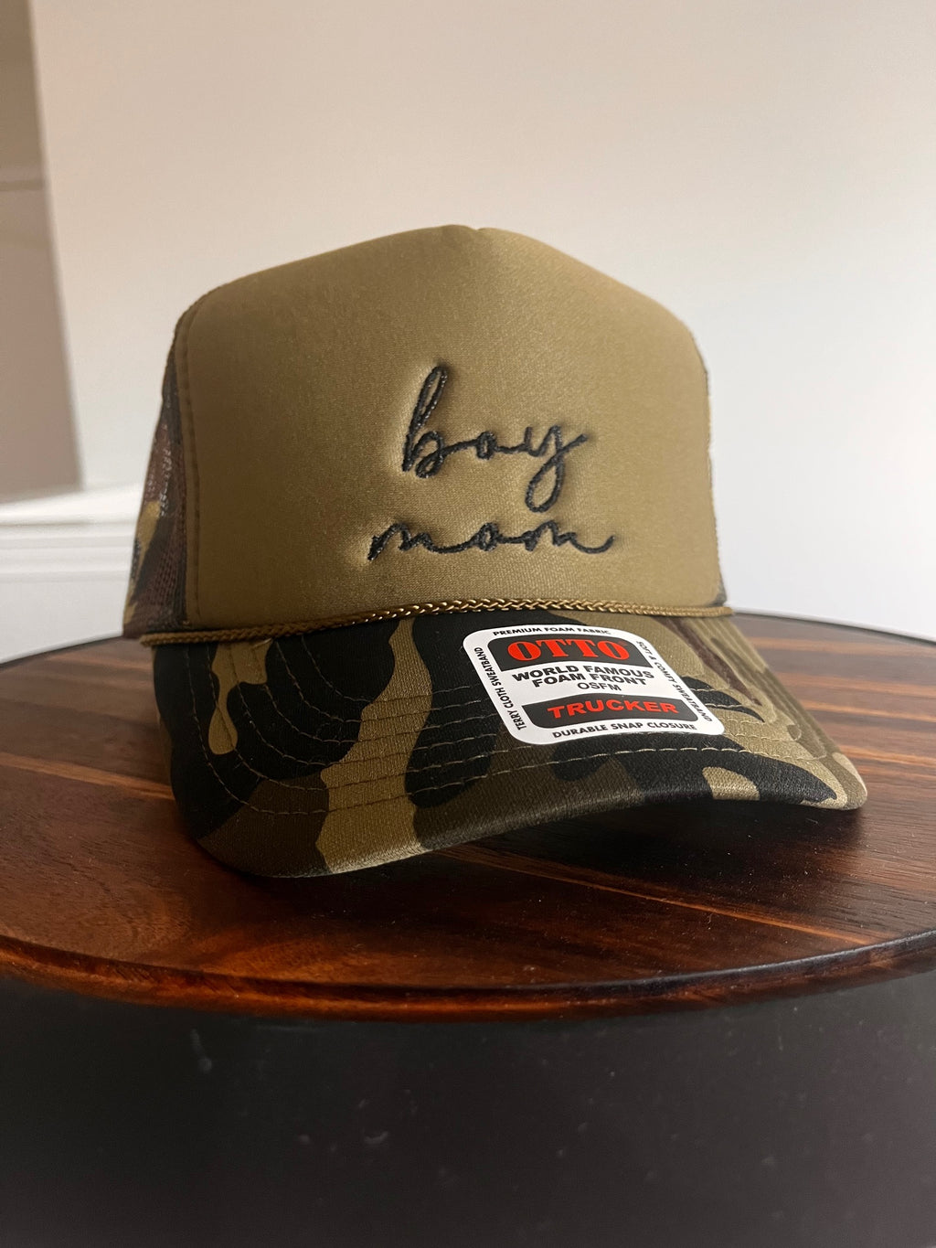 Boy Mom Embroidered Otto foam front trucker hat in camo