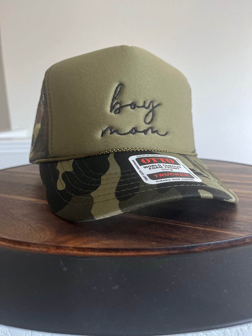 Boy Mom Embroidered Otto foam front trucker hat in camo