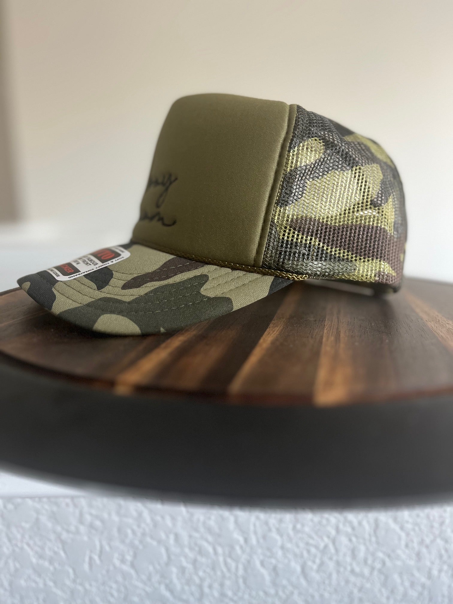 Boy Mom Embroidered Otto foam front trucker hat in camo