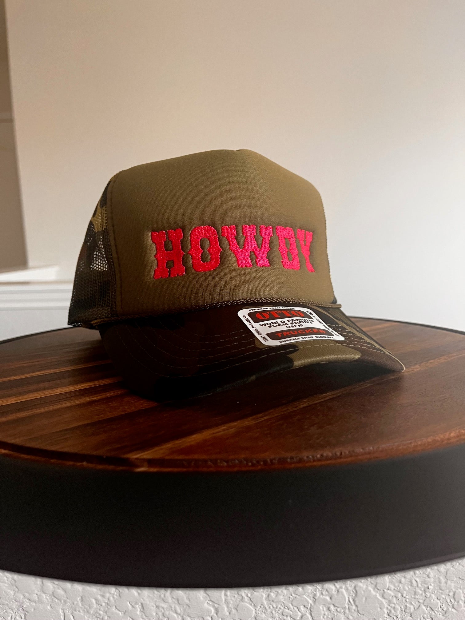 HOWDY Embroidered Otto Foam front Trucker Hat in camo