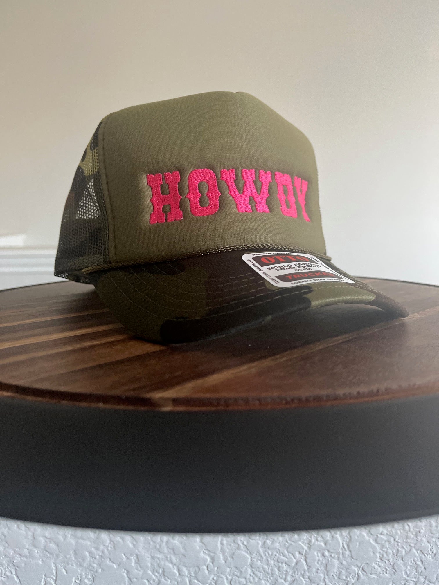 HOWDY Embroidered Otto Foam front Trucker Hat in camo
