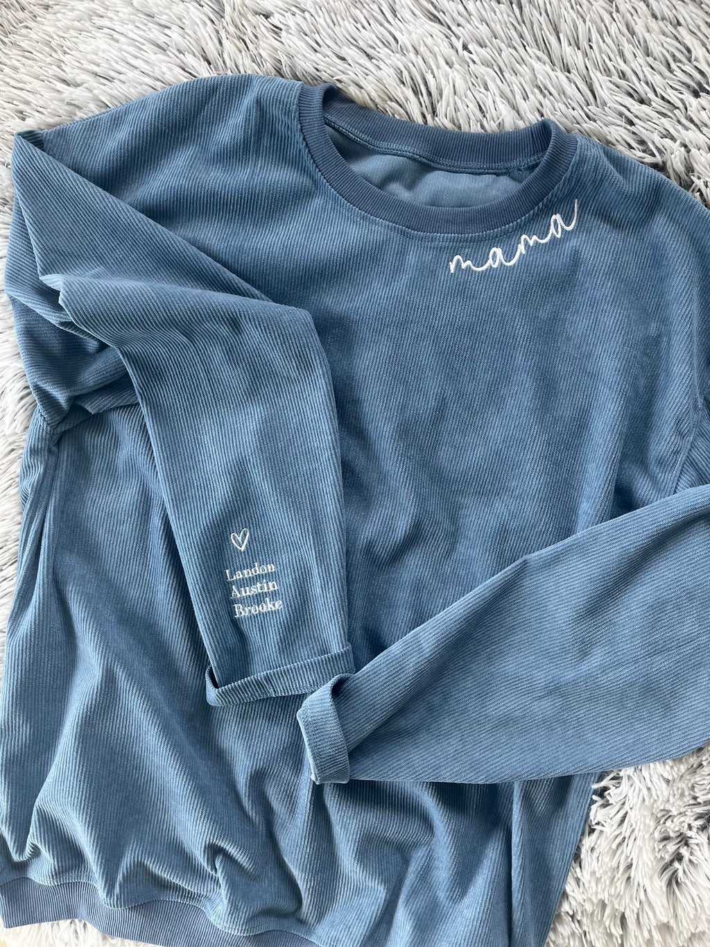 Mama oversized embroidered Corduroy crewneck with children's name on sleeve