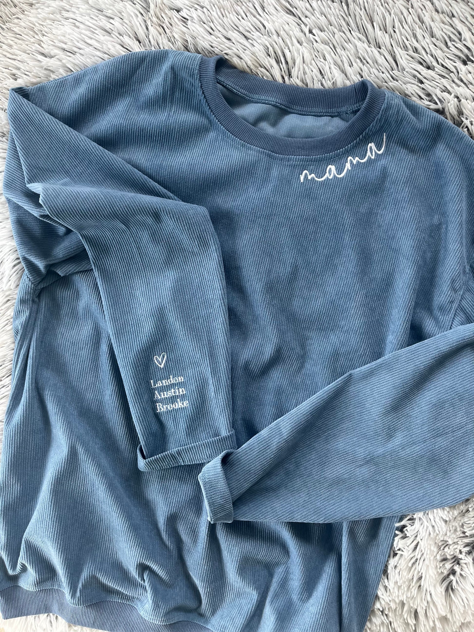 Mama oversized embroidered Corduroy crewneck with children's name on sleeve