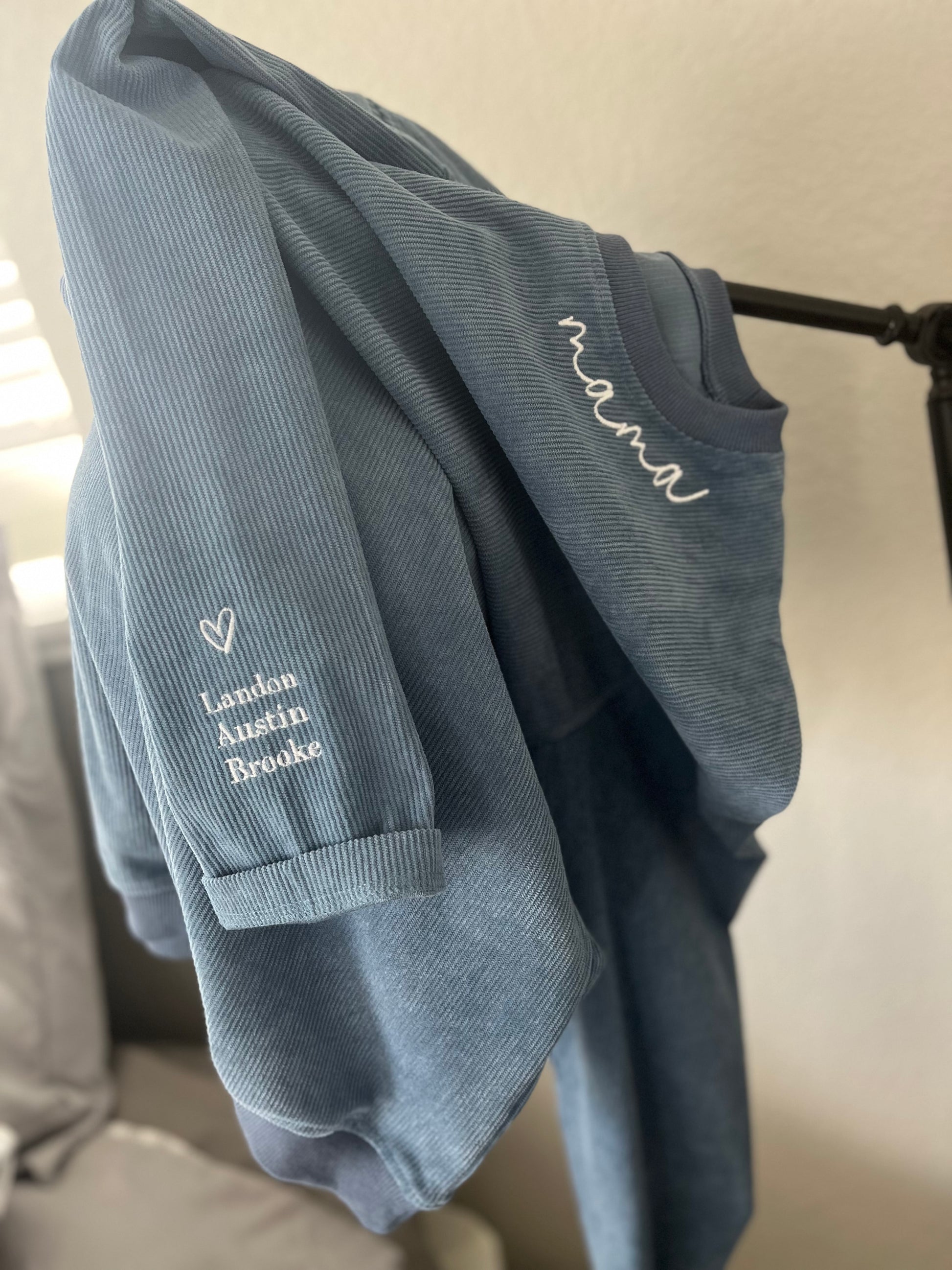 Mama oversized embroidered Corduroy crewneck with children's name on sleeve
