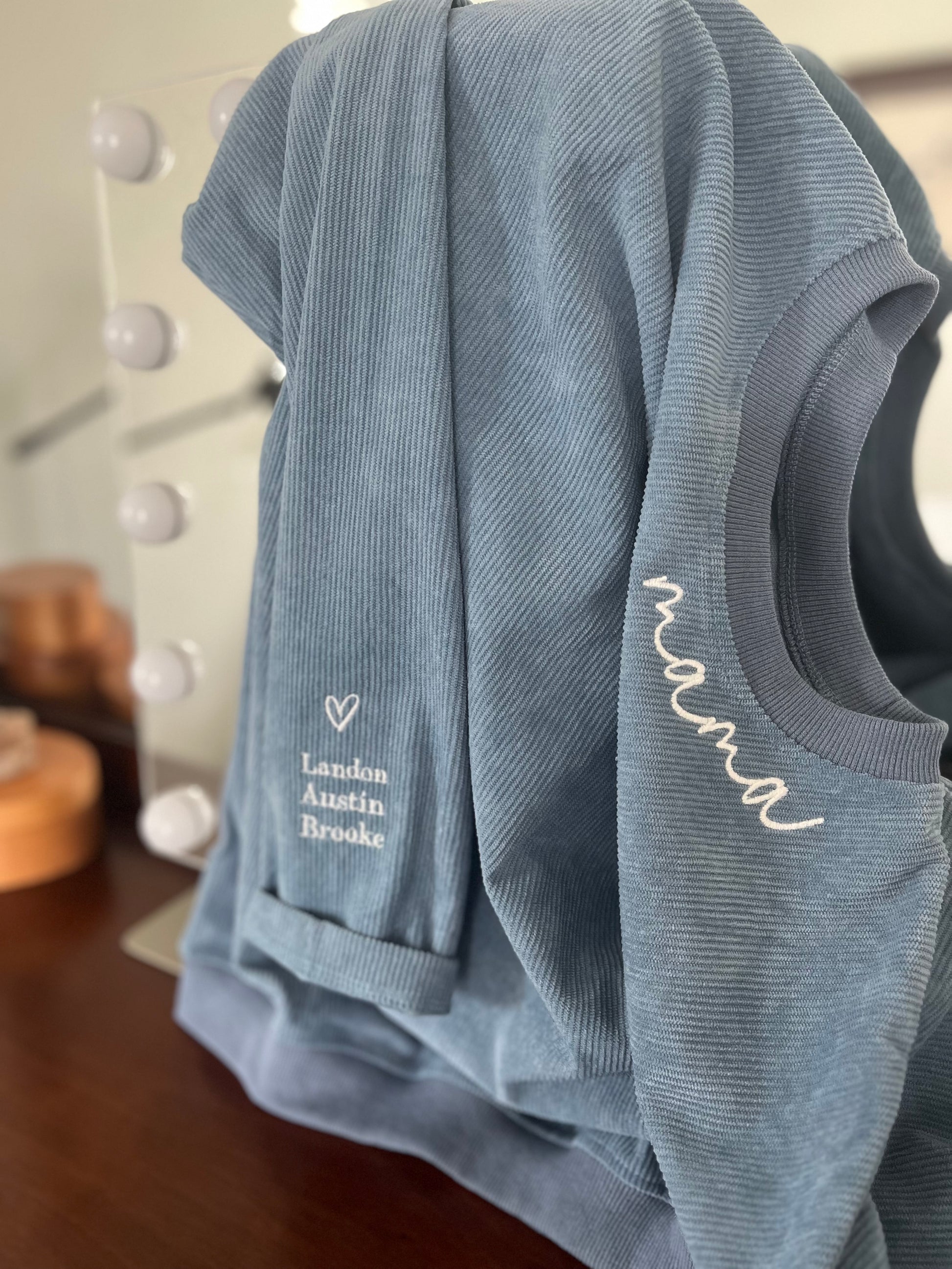 Mama oversized embroidered Corduroy crewneck with children's name on sleeve
