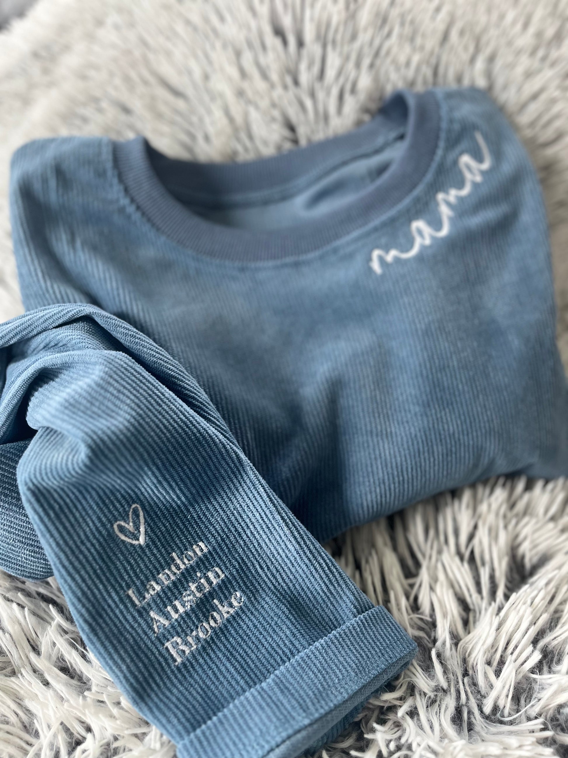 Mama oversized embroidered Corduroy crewneck with children's name on sleeve