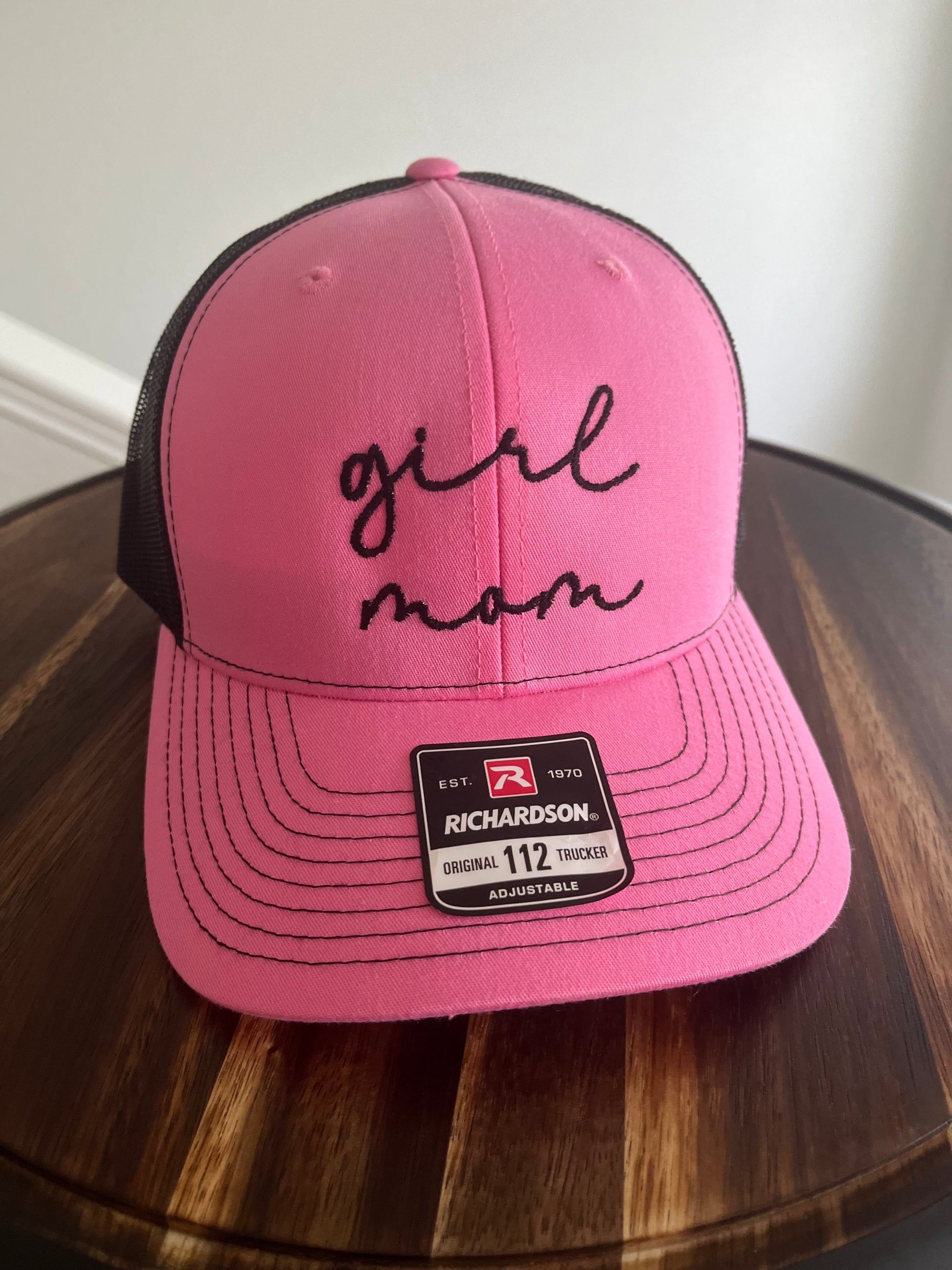 Girl mom Embroidered Richardson 112 Trucker 6 panel Cap in Black and Hot pink