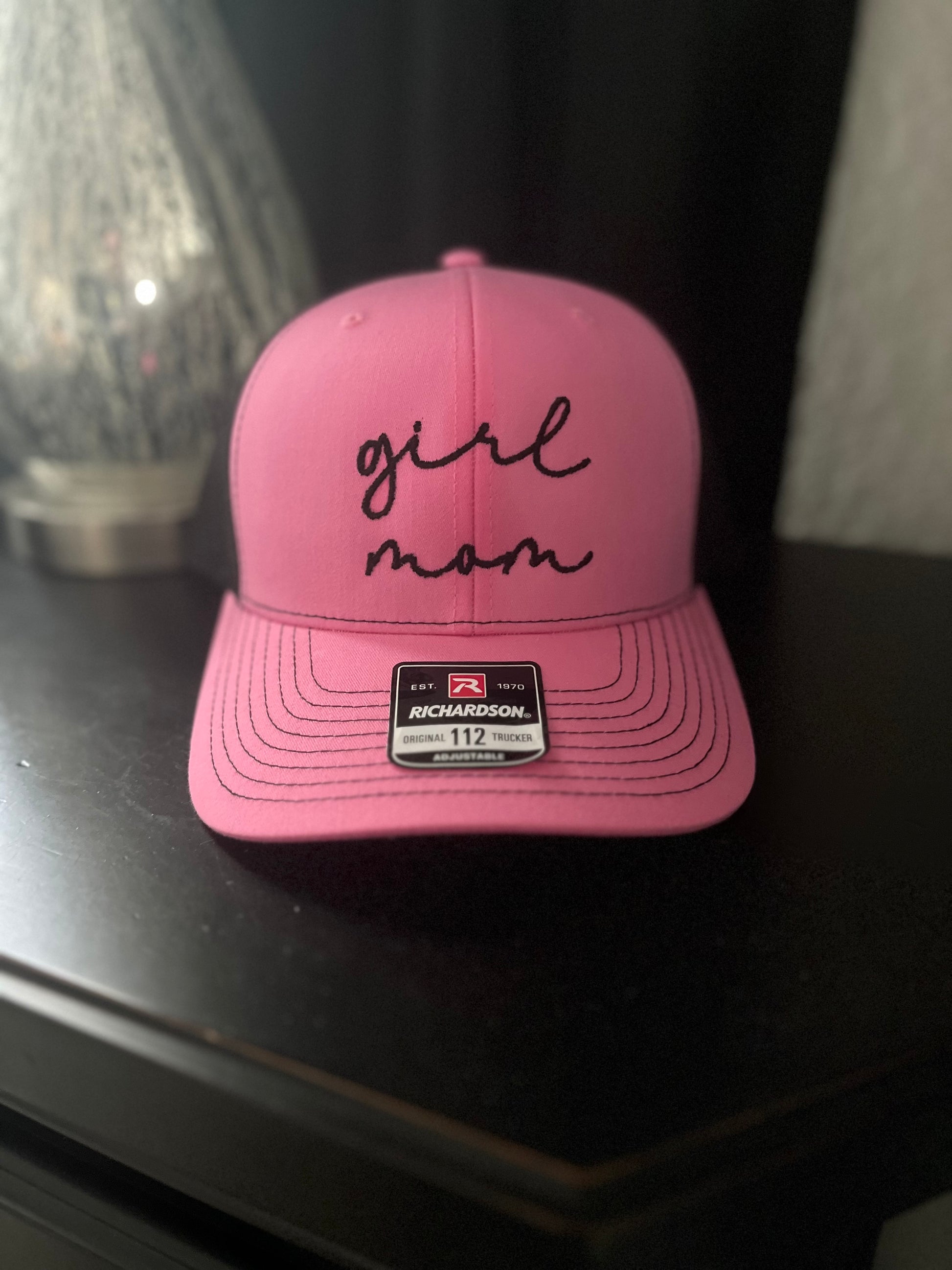 Girl mom Embroidered Richardson 112 Trucker 6 panel Cap in Black and Hot pink