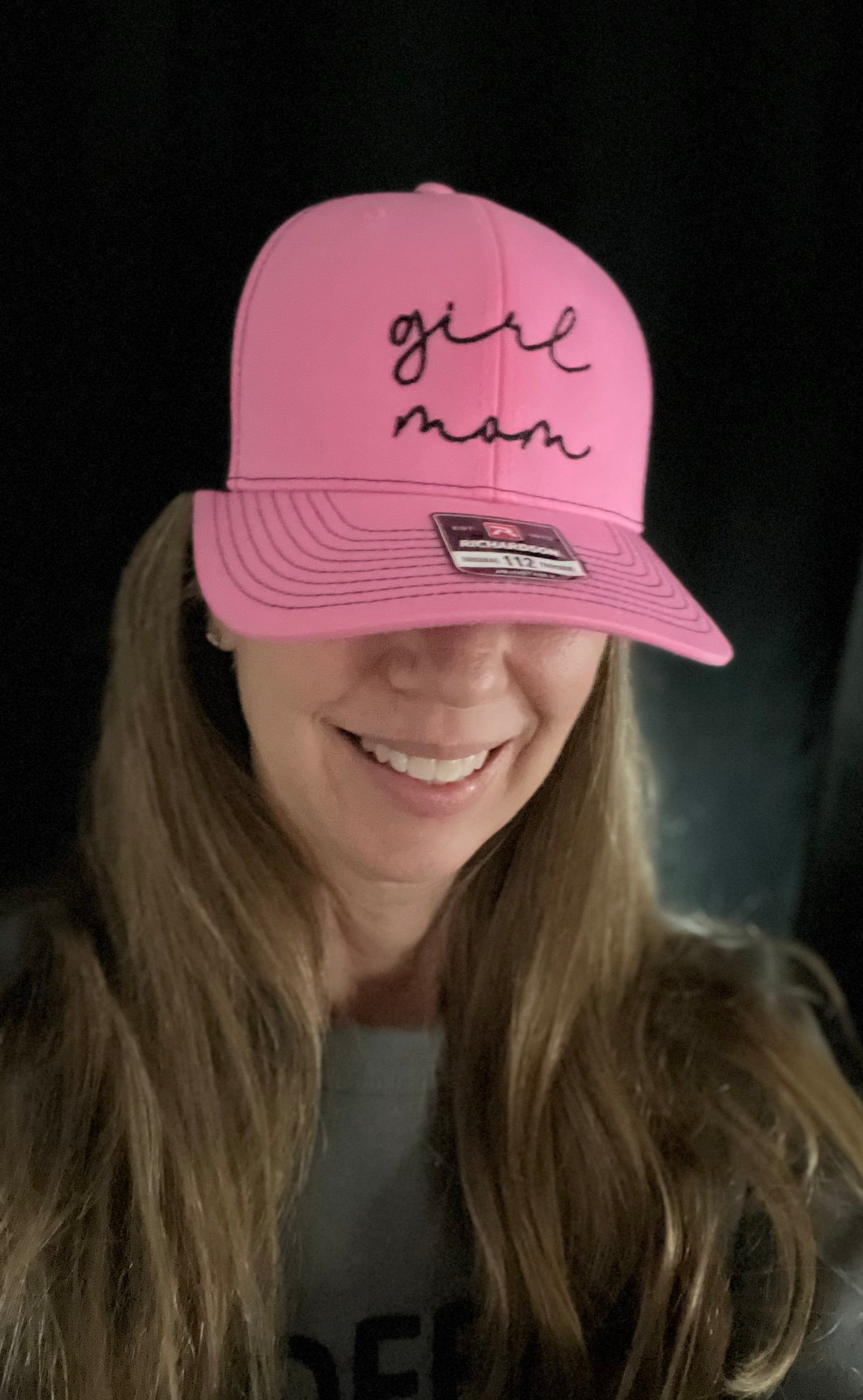 Girl mom Embroidered Richardson 112 Trucker 6 panel Cap in Black and Hot pink