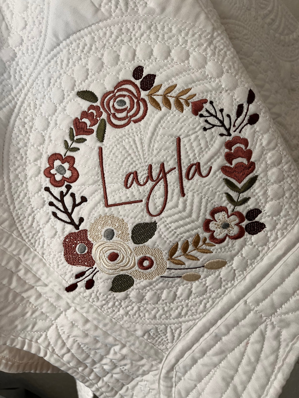 Personalized Baby Quilt with Embroidered Floral Wreath – 100% Cotton