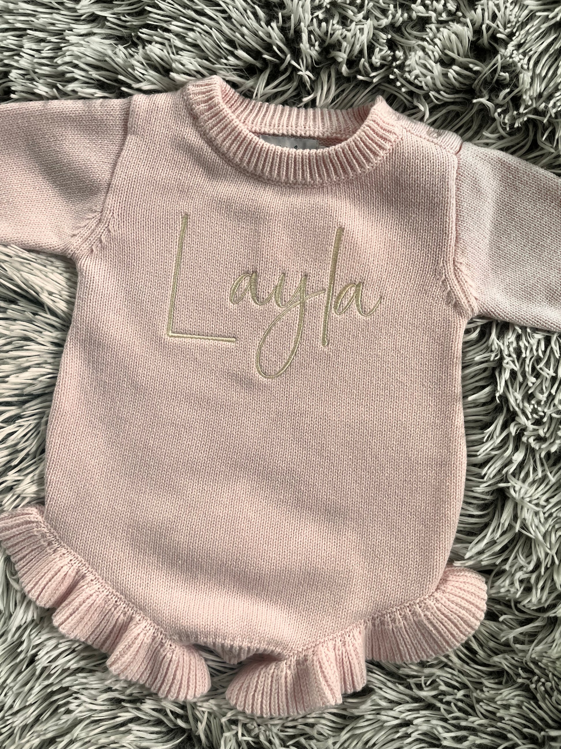 Personalized embroidered Long sleeve knit Ruffle Romper