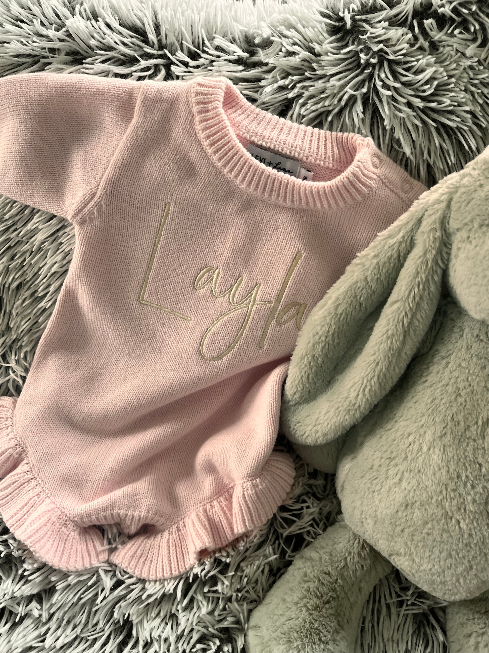 Personalized embroidered Long sleeve knit Ruffle Romper