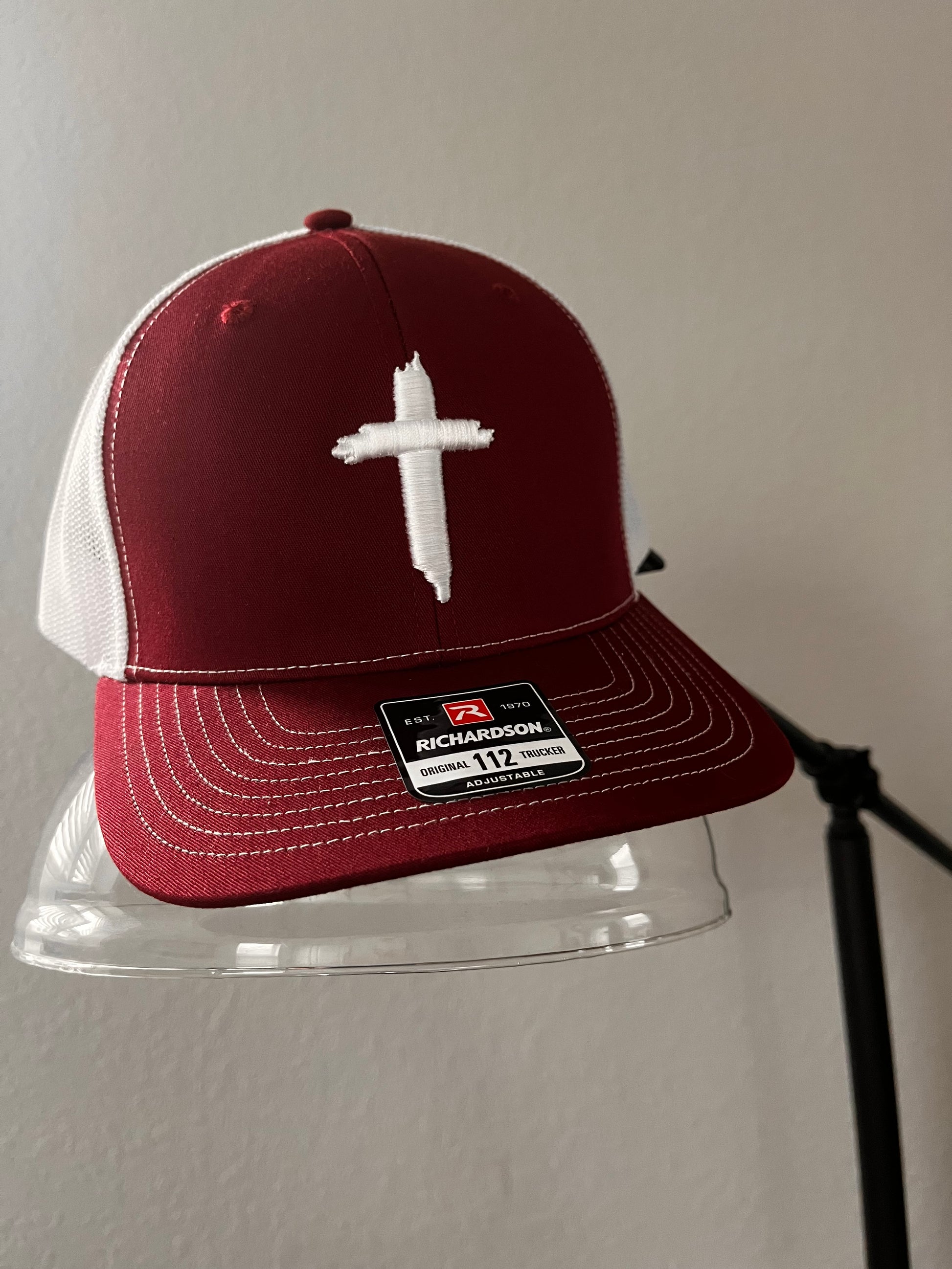 CROSS- Embroidered 3D Puff Richardson 112 Trucker hat- In maroon/white