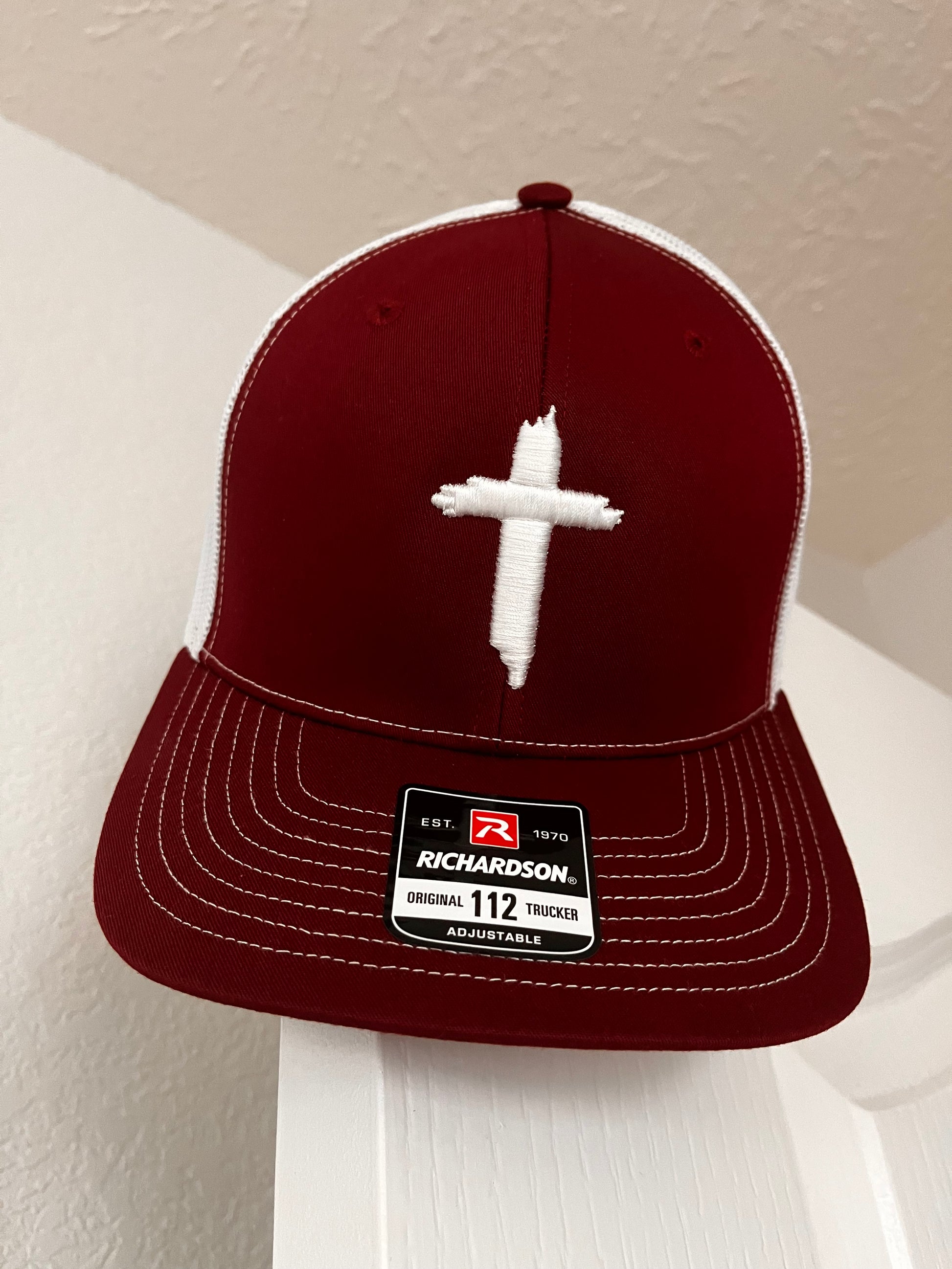 CROSS- Embroidered 3D Puff Richardson 112 Trucker hat- In maroon/white