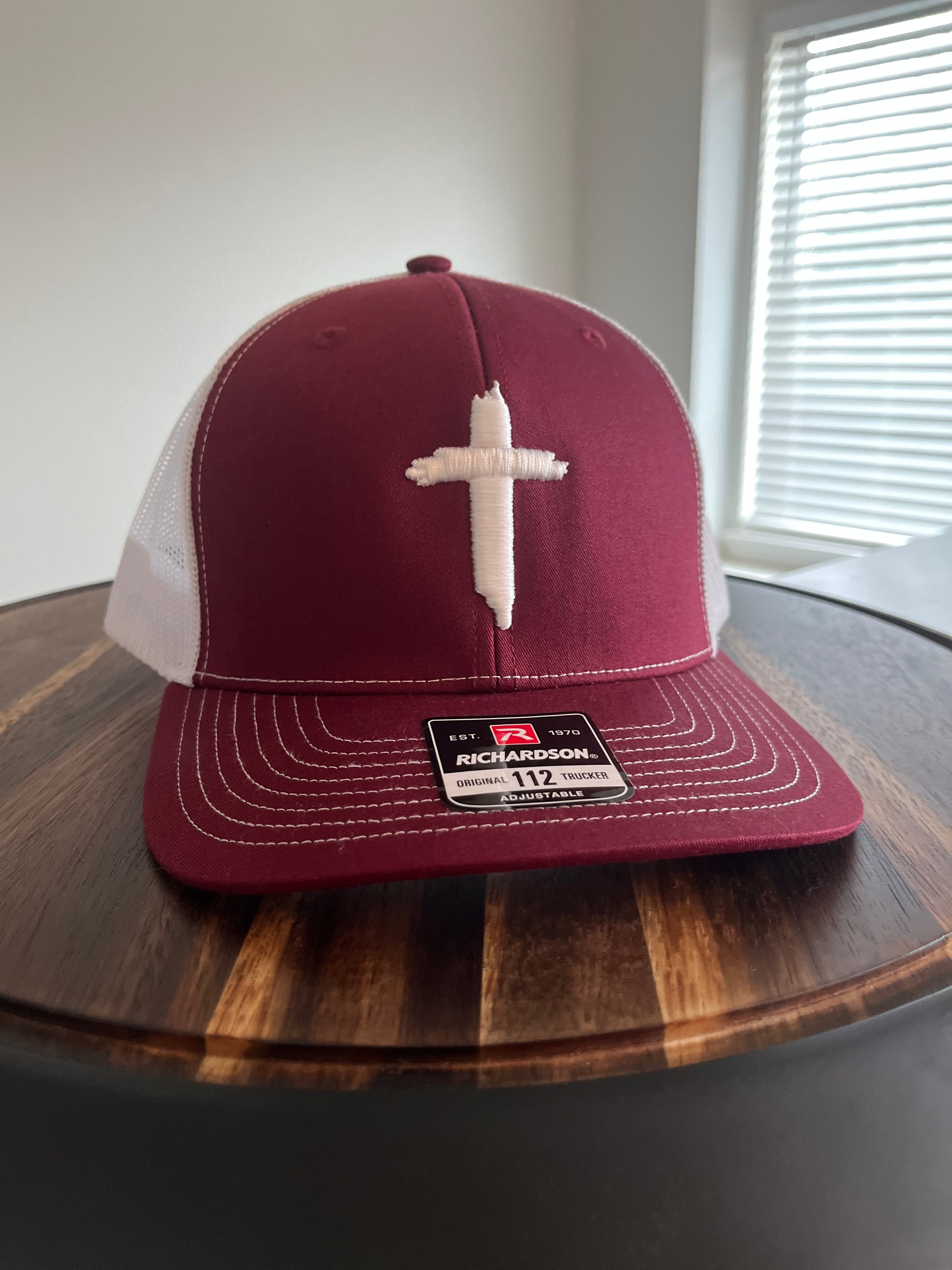 CROSS- Embroidered 3D Puff Richardson 112 Trucker hat- In maroon/white