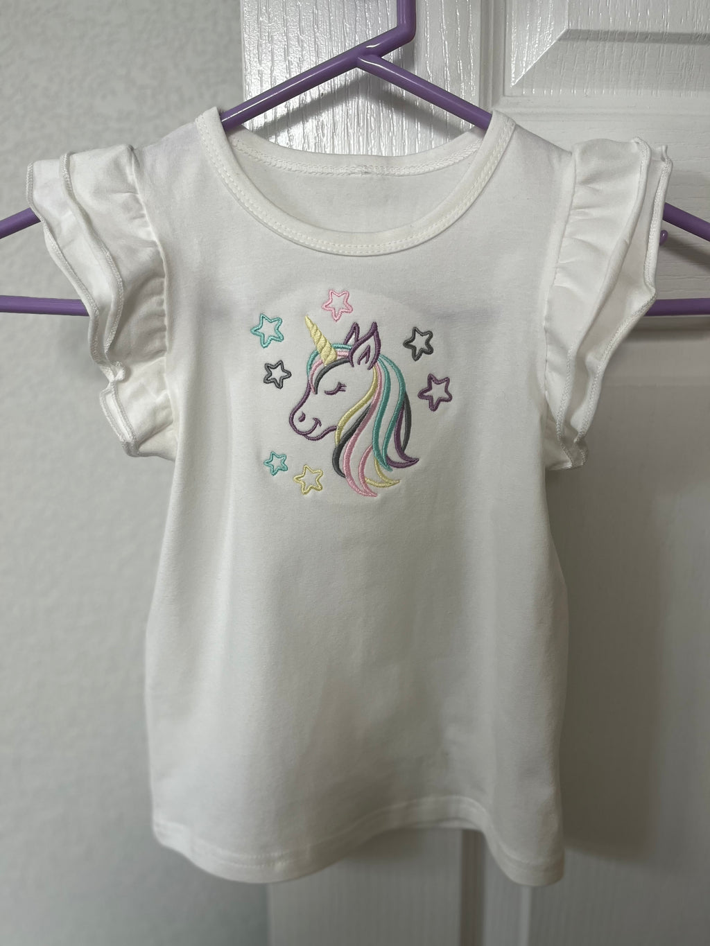 Unicorn Embroidered T-shirt for Girls- infant to 6 years old with ruffled sleeves