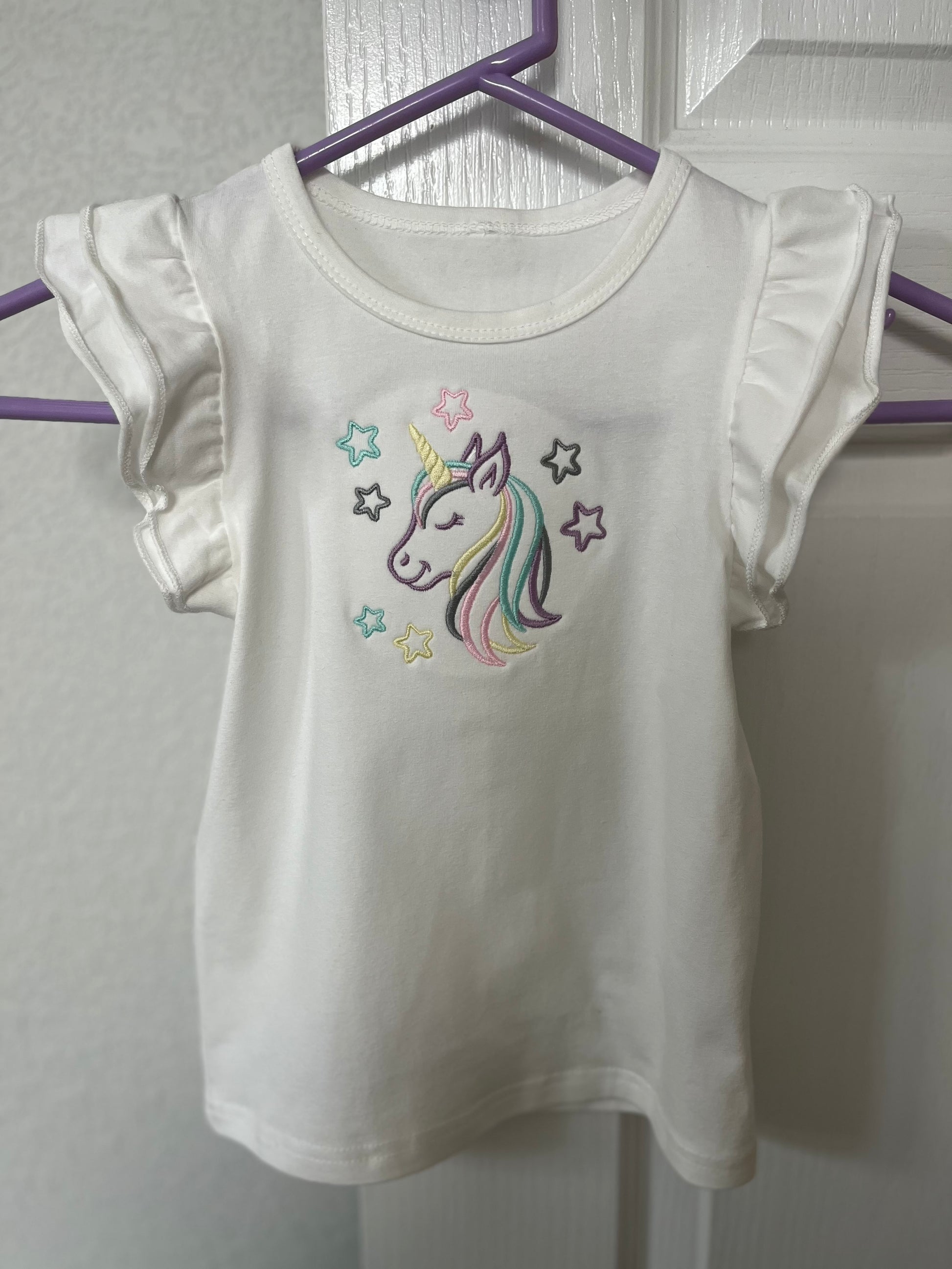 Unicorn Embroidered T-shirt for Girls- infant to 6 years old with ruffled sleeves
