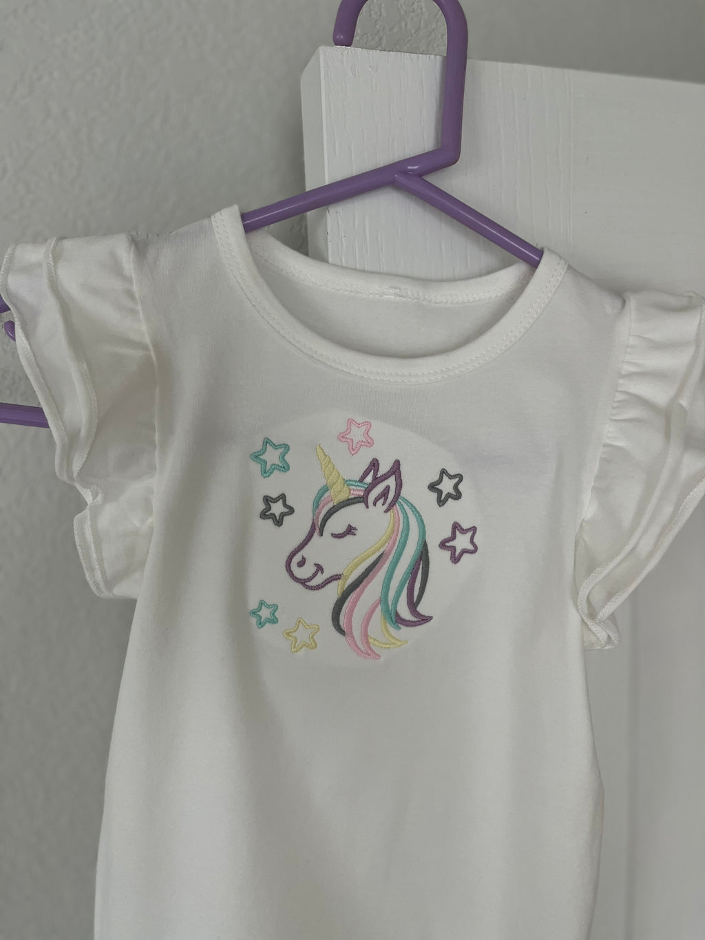 Unicorn Embroidered T-shirt for Girls- infant to 6 years old with ruffled sleeves