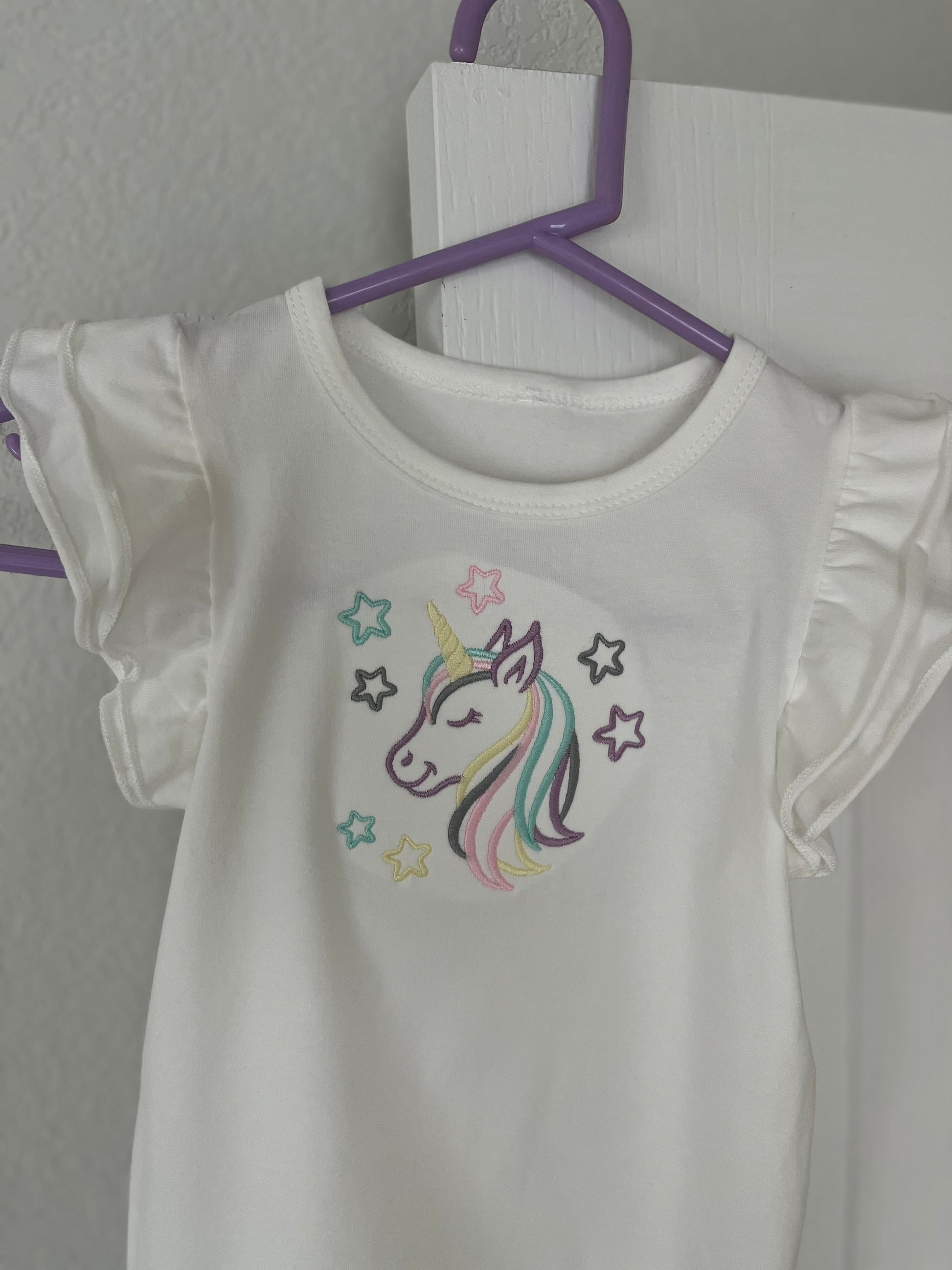 Unicorn Embroidered T-shirt for Girls- infant to 6 years old with ruffled sleeves