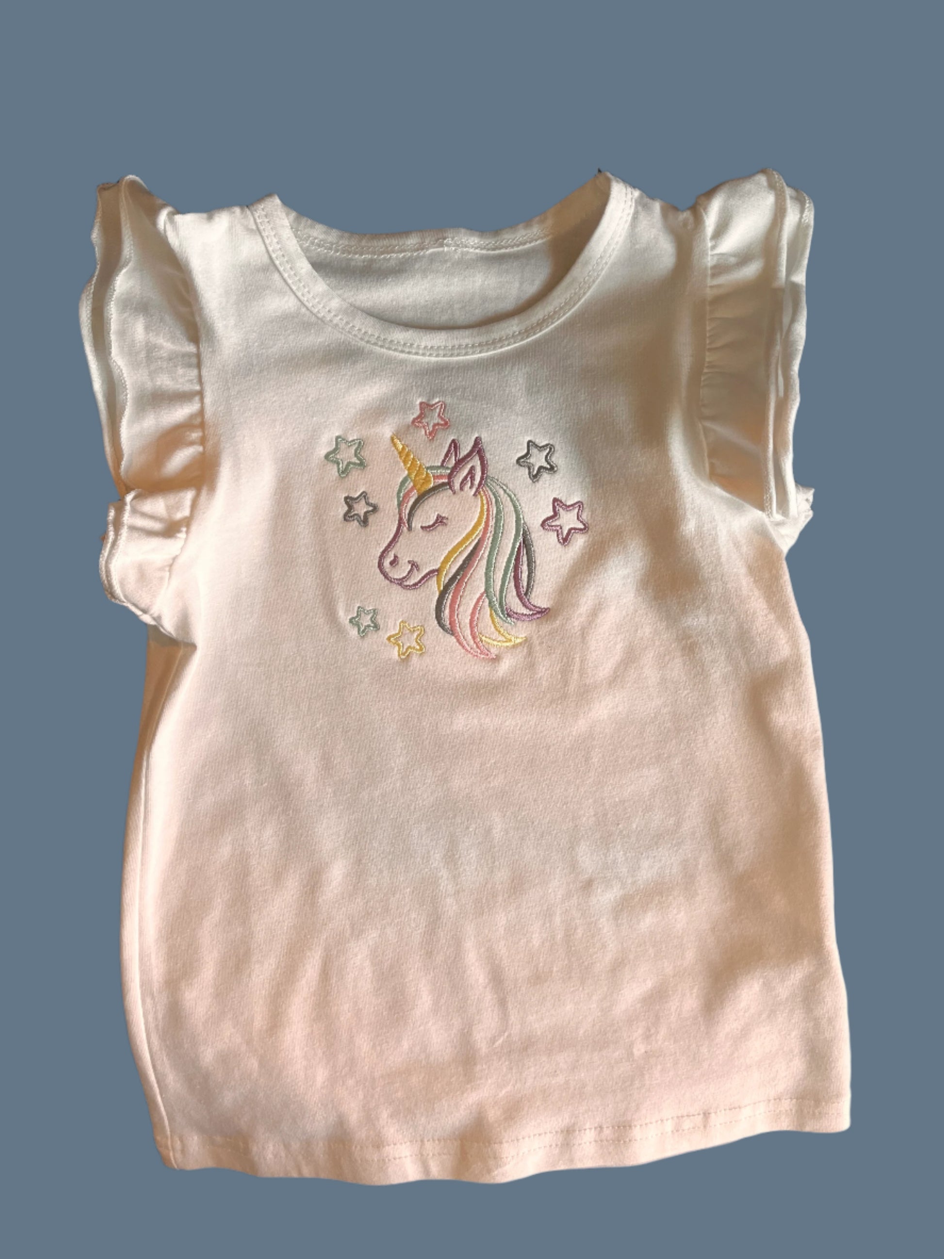 Unicorn Embroidered T-shirt for Girls- infant to 6 years old with ruffled sleeves