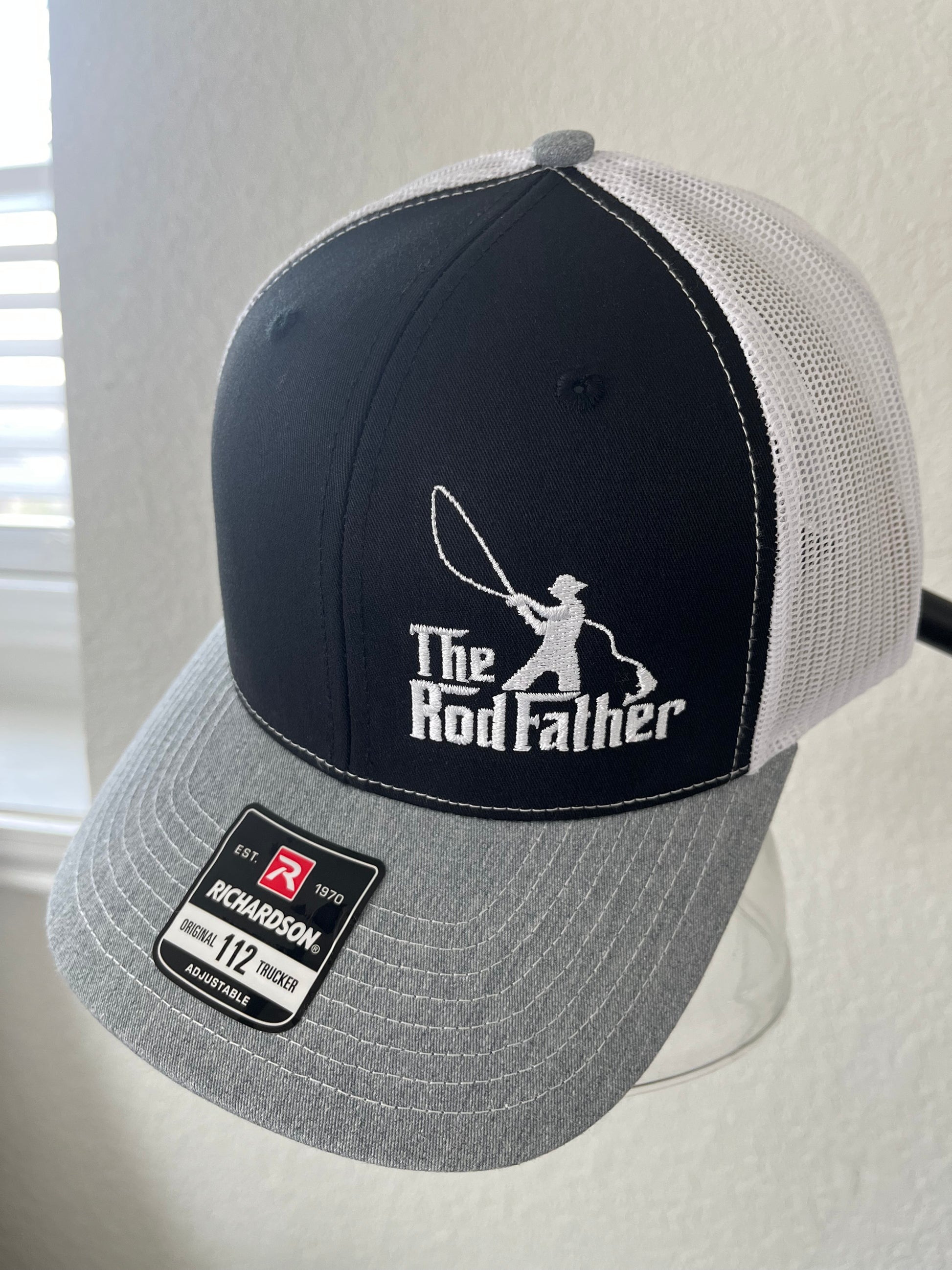 The Rodfather embroidered fishing hat-Richardson 112 Trucker hat in Black, gray and white- Fathers Day Gift