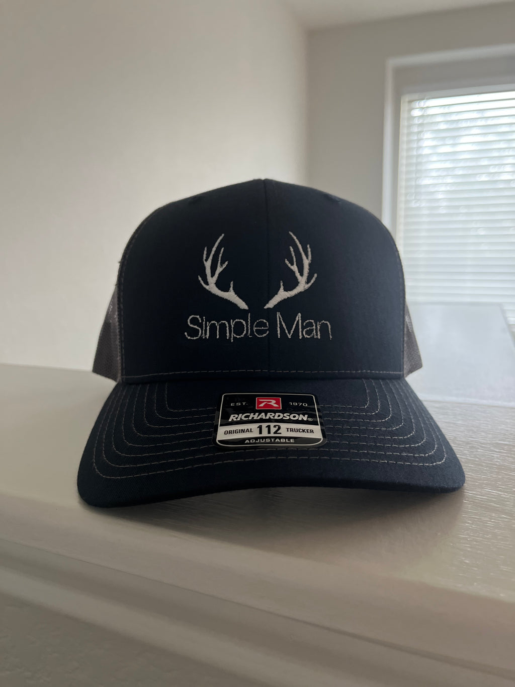 Simple Man Antler hat-Richardson 112 Trucker 6 panel hat in Navy and charcoal- Perfect Father's Day Gift, Teen gift or Birthday gift