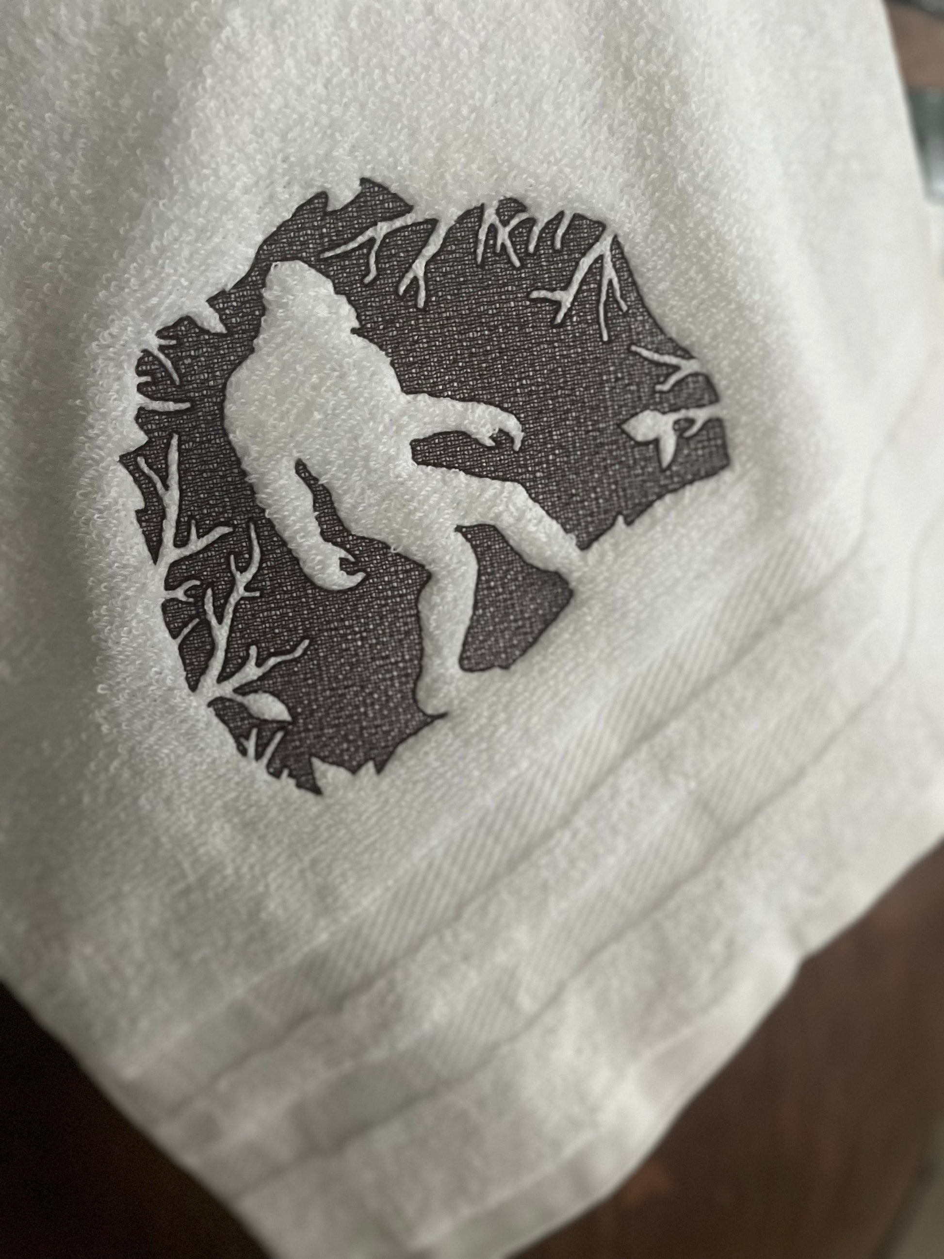 Bigfoot/Sasquatch Bathroom/Kitchen Embossed embroidered hand towels  Grandeur Hospitality Costco Brand towels  16 x 30 inch  Home Decor