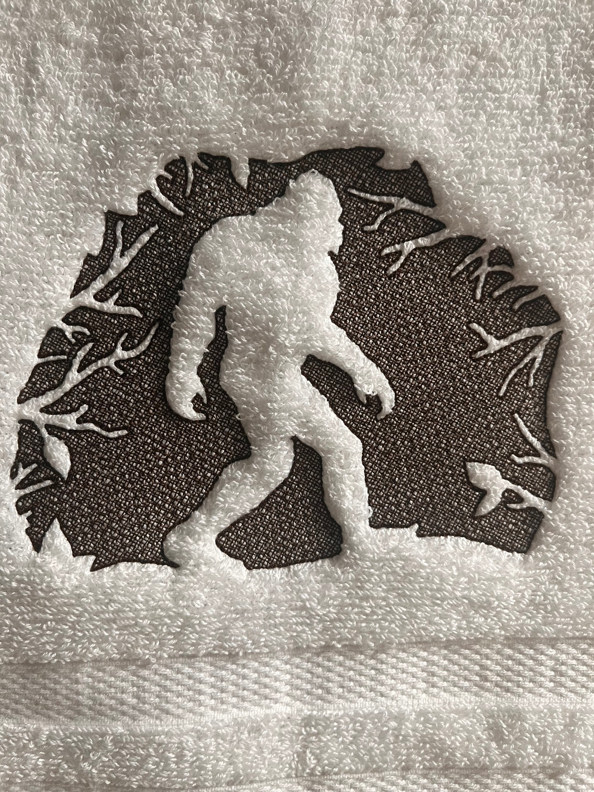 Bigfoot/Sasquatch Bathroom/Kitchen Embossed embroidered hand towels  Grandeur Hospitality Costco Brand towels  16 x 30 inch  Home Decor