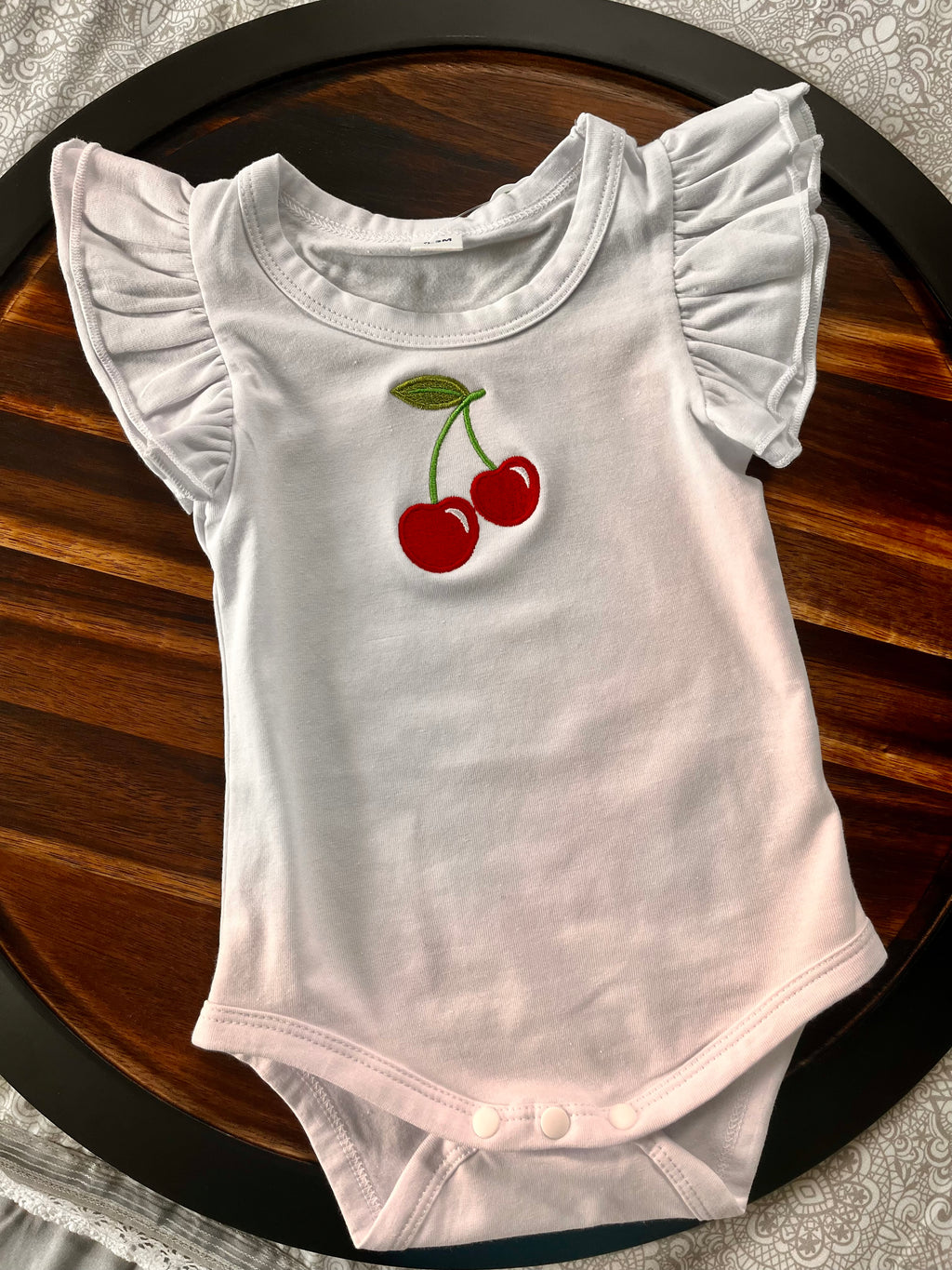 Cherries embroidered Baby Girls Ruffle Sleeves Bodysuit Infant Solid Color Top