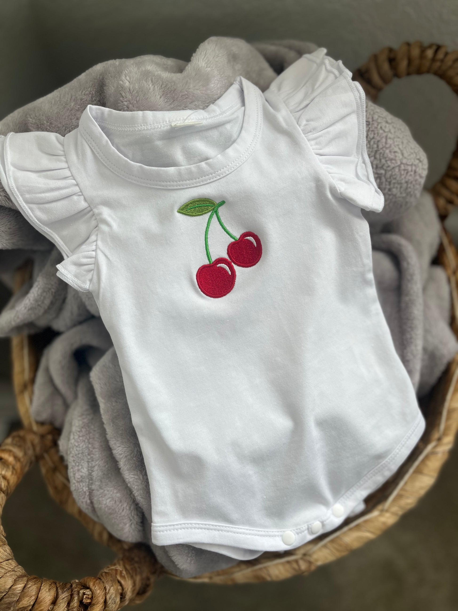Cherries embroidered Baby Girls Ruffle Sleeves Bodysuit Infant Solid Color Top