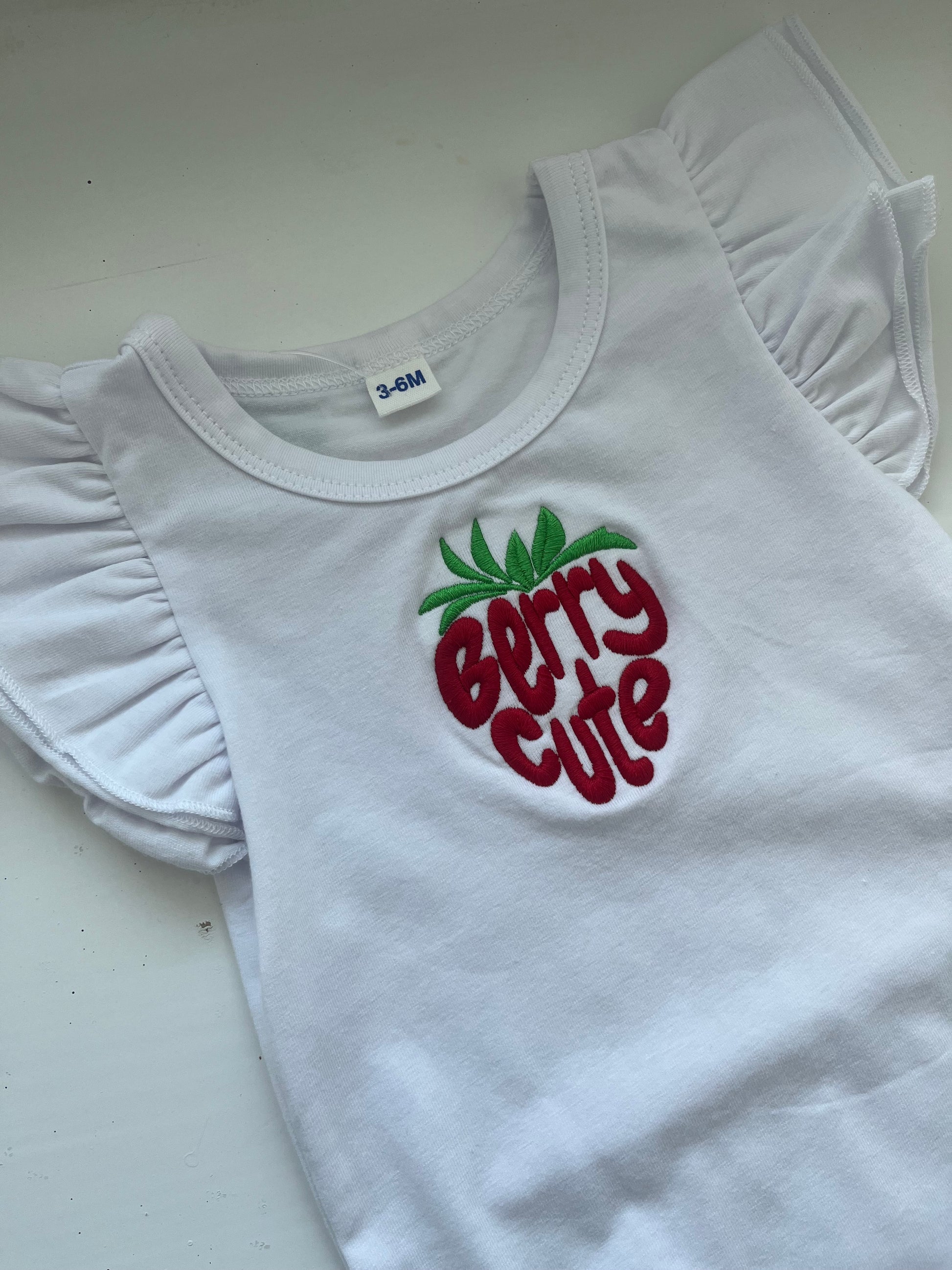Baby Girls Berry Cute fruit embroidered Ruffle Sleeves Bodysuit Infant Solid Color Top Jumpsuit onesie gift