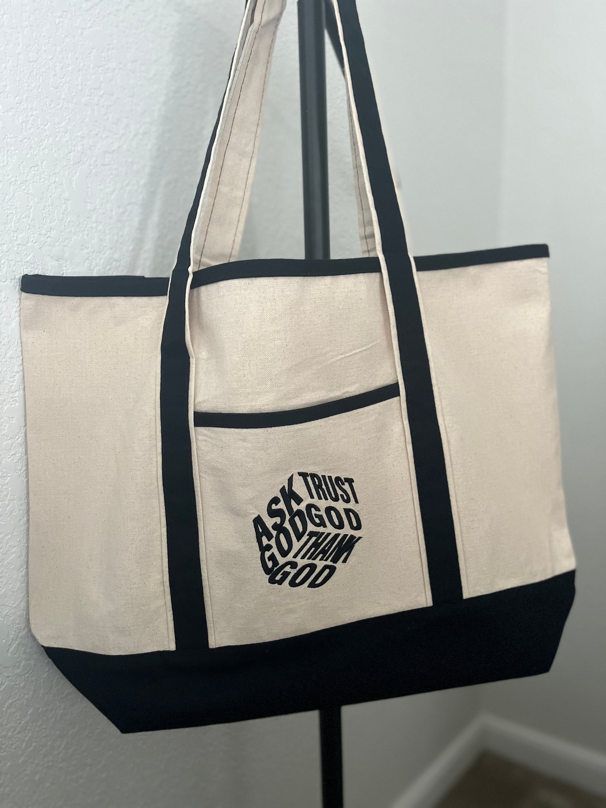Ask God Trust God Thank God Canvas Tote Bag Faith-Inspired Everyday Carry with Black Accents